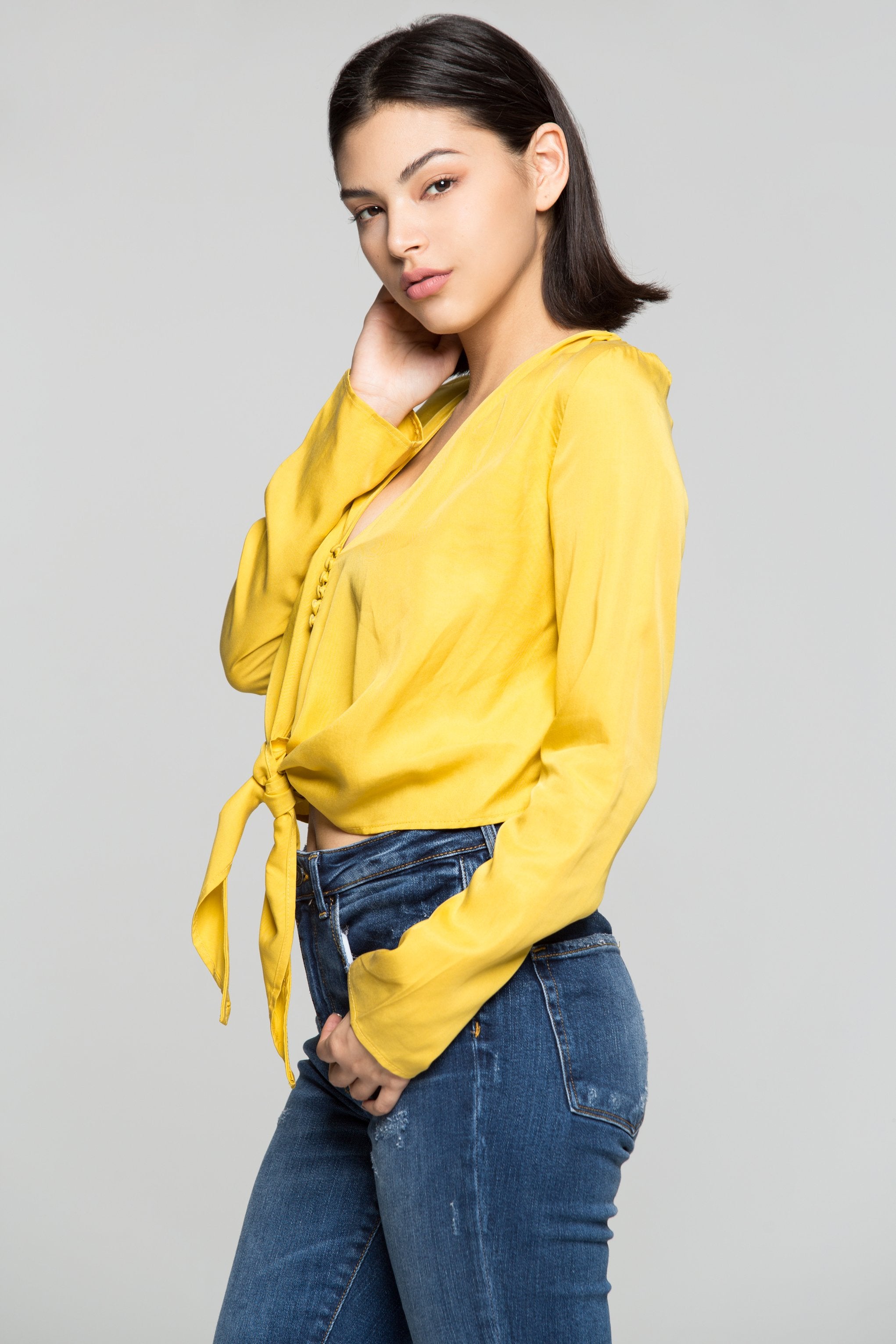 Butter Yellow Tie Up Knot Crop Top - ownthelooks-Development