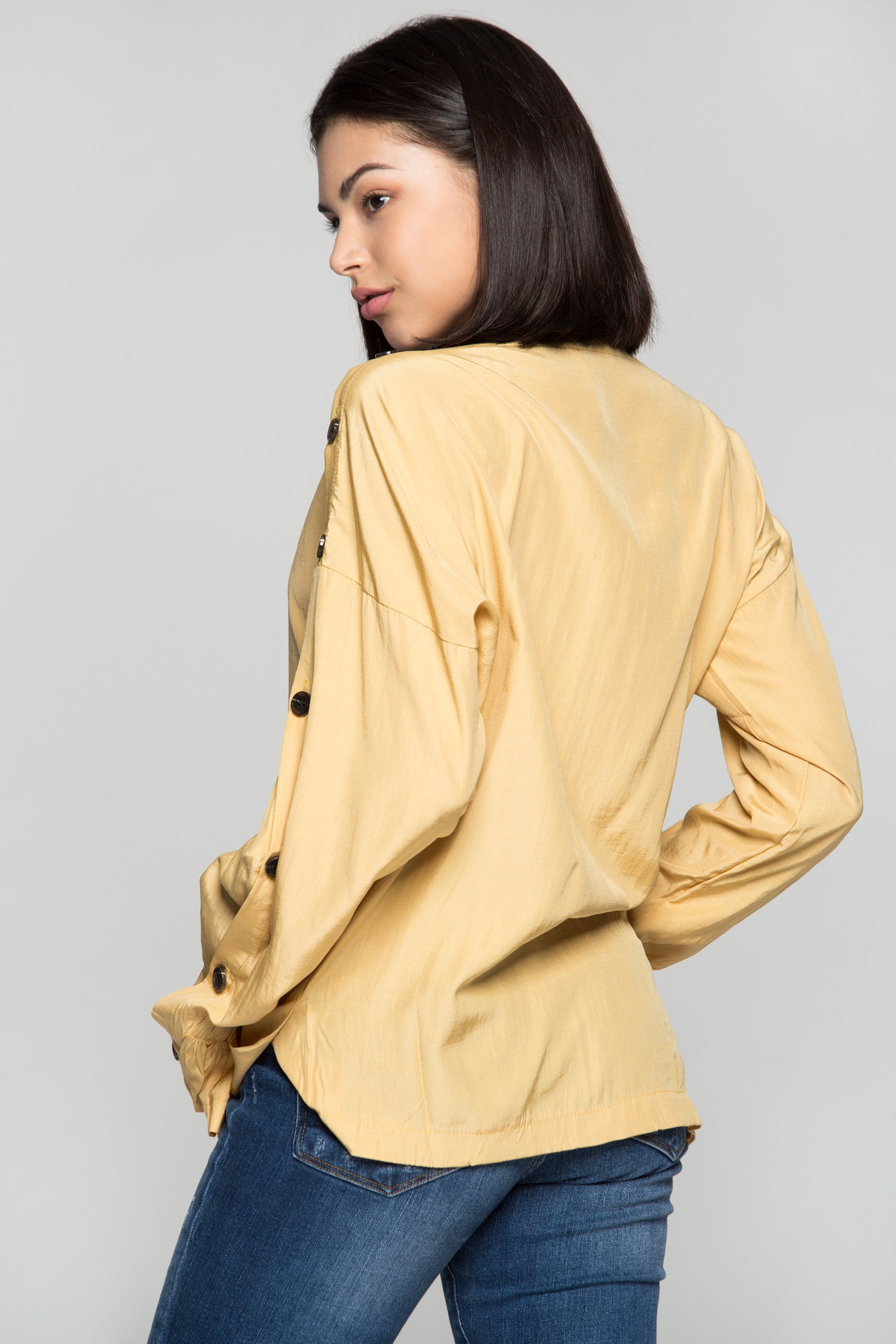 Butterscotch Bataeu Neck Black Buttons Full Sleeves Top - ownthelooks-Development