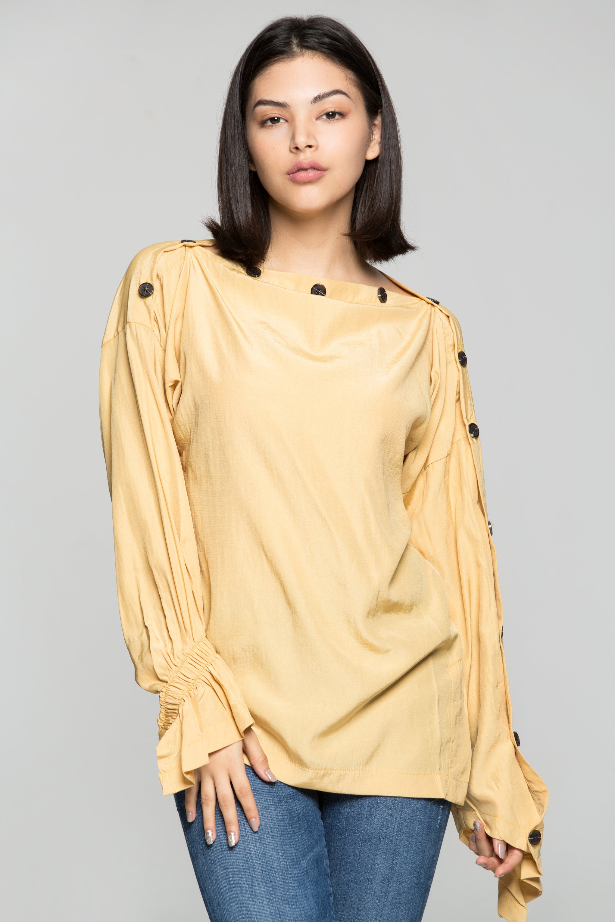 Butterscotch Bataeu Neck Black Buttons Full Sleeves Top - ownthelooks-Development