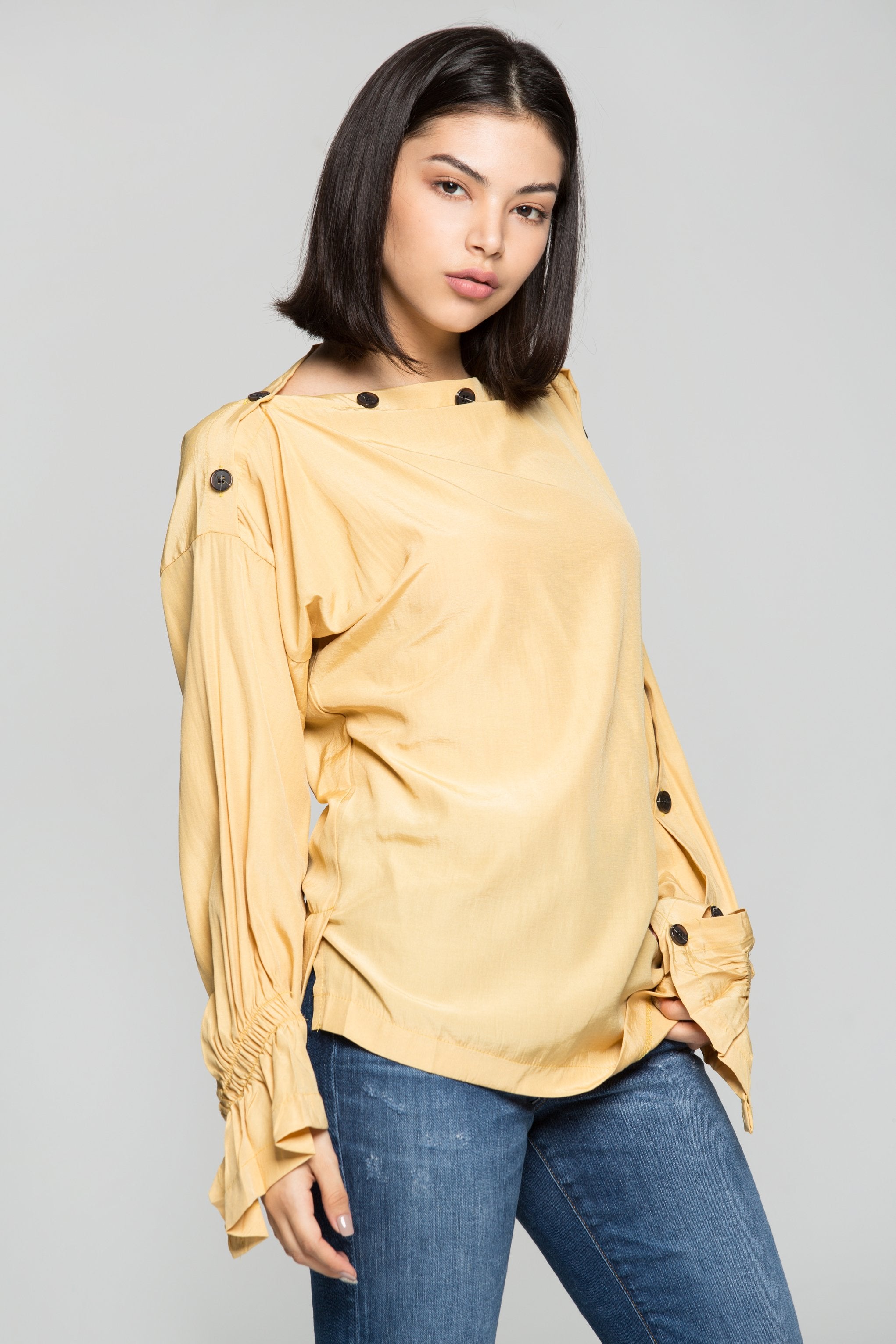 Butterscotch Bataeu Neck Black Buttons Full Sleeves Top - ownthelooks-Development