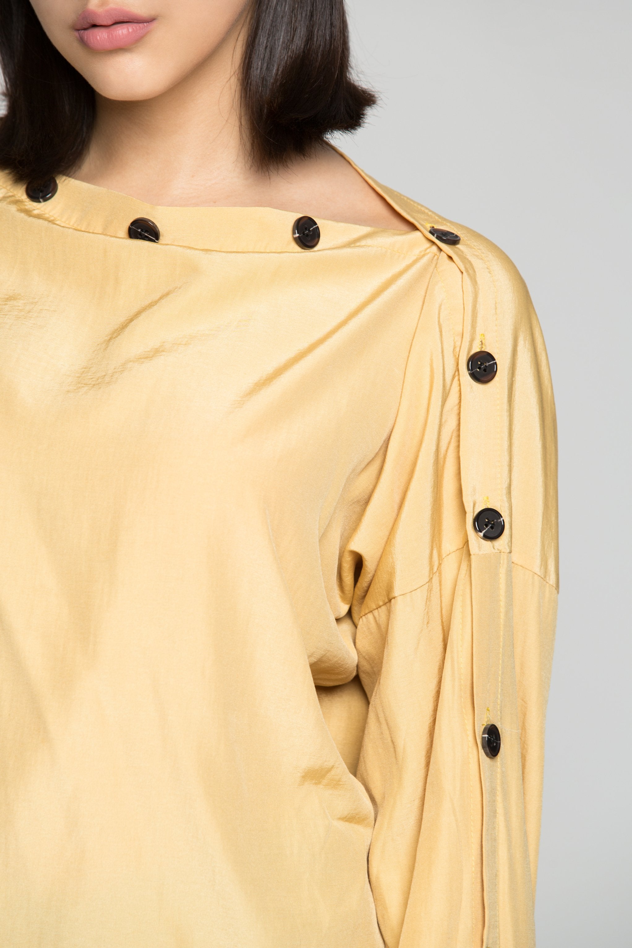 Butterscotch Bataeu Neck Black Buttons Full Sleeves Top - ownthelooks-Development