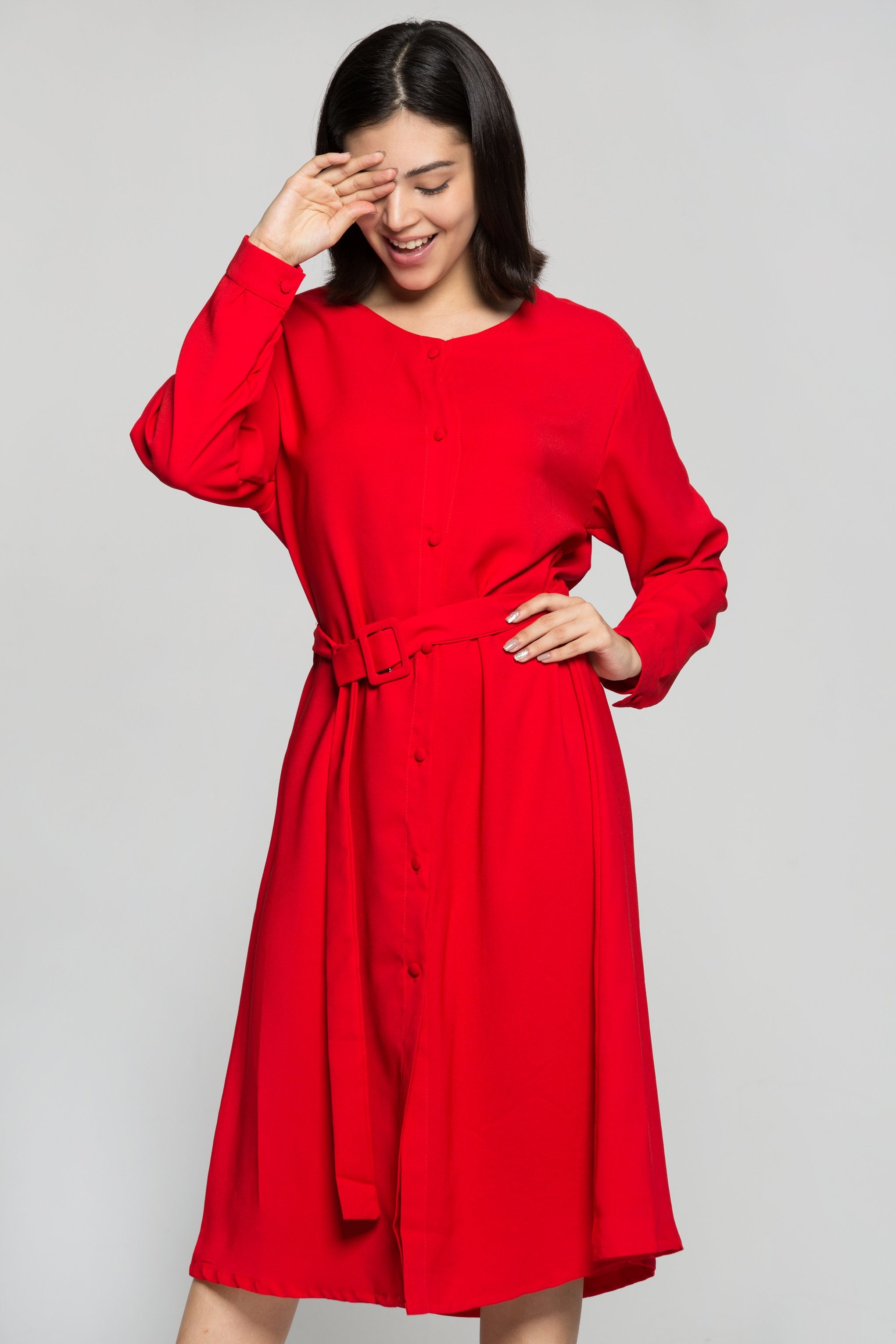 Candy Red Button Up Midi Dress with Belt - ownthelooks-Development
