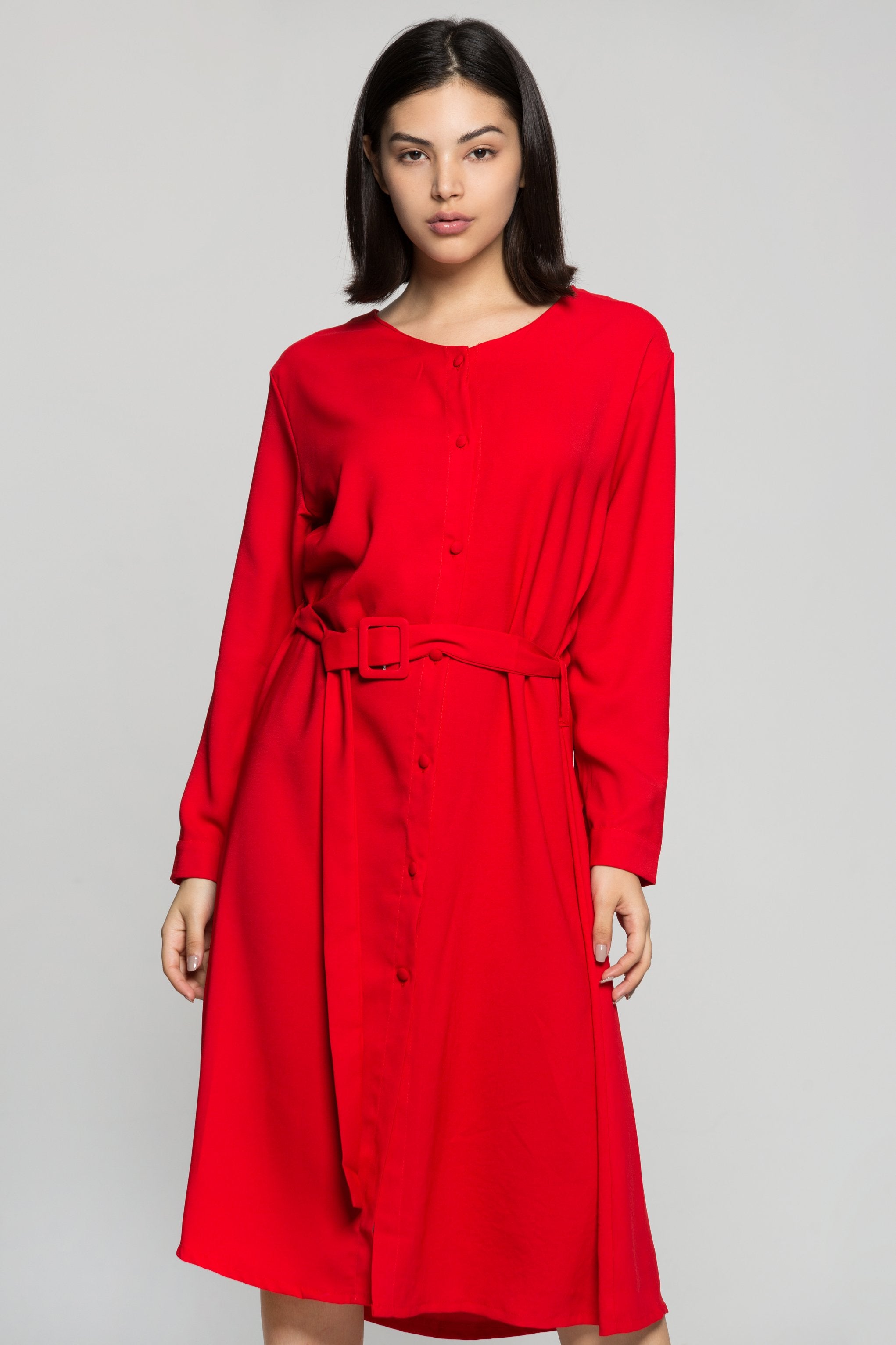 Candy Red Button Up Midi Dress with Belt - ownthelooks-Development