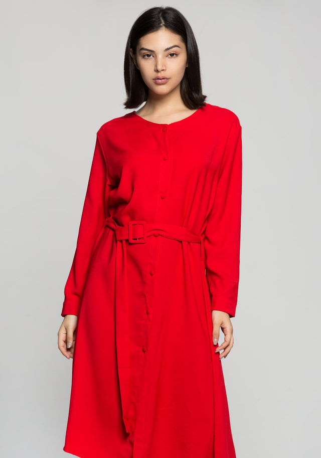 Candy Red Button Up Midi Dress with Belt - ownthelooks-Development