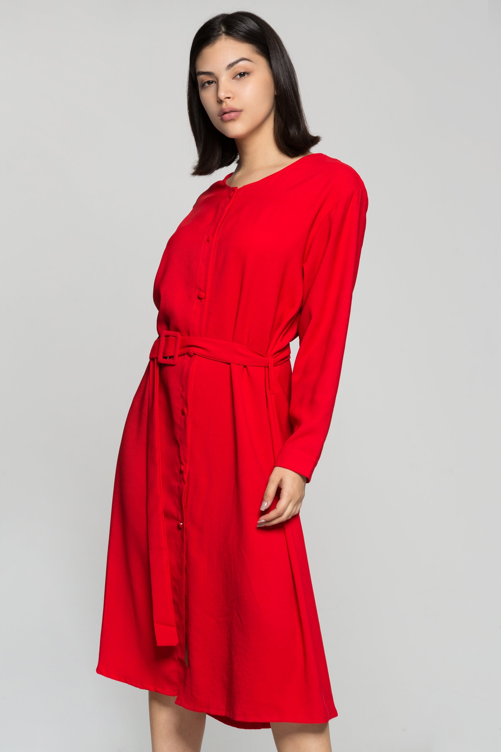 Candy Red Button Up Midi Dress with Belt - ownthelooks-Development