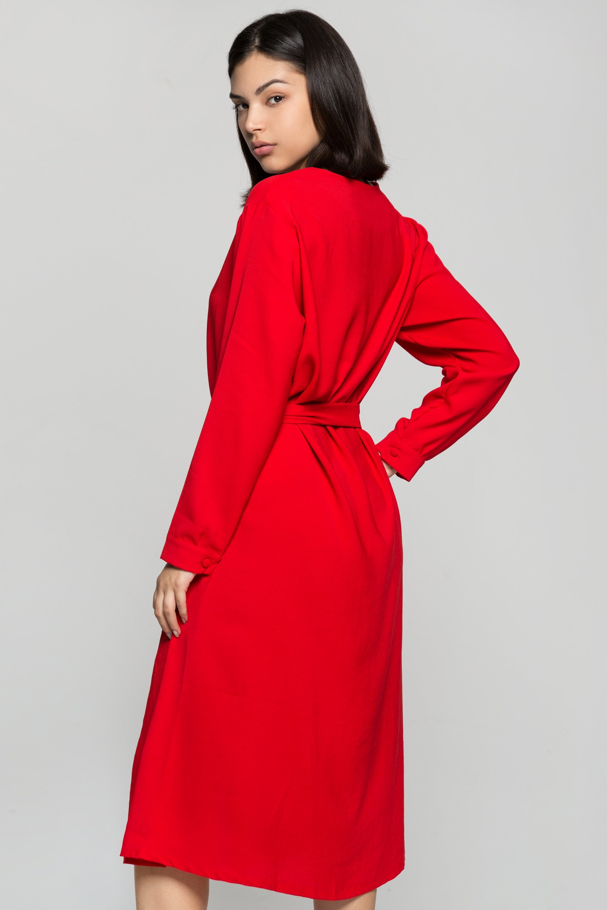 Candy Red Button Up Midi Dress with Belt - ownthelooks-Development