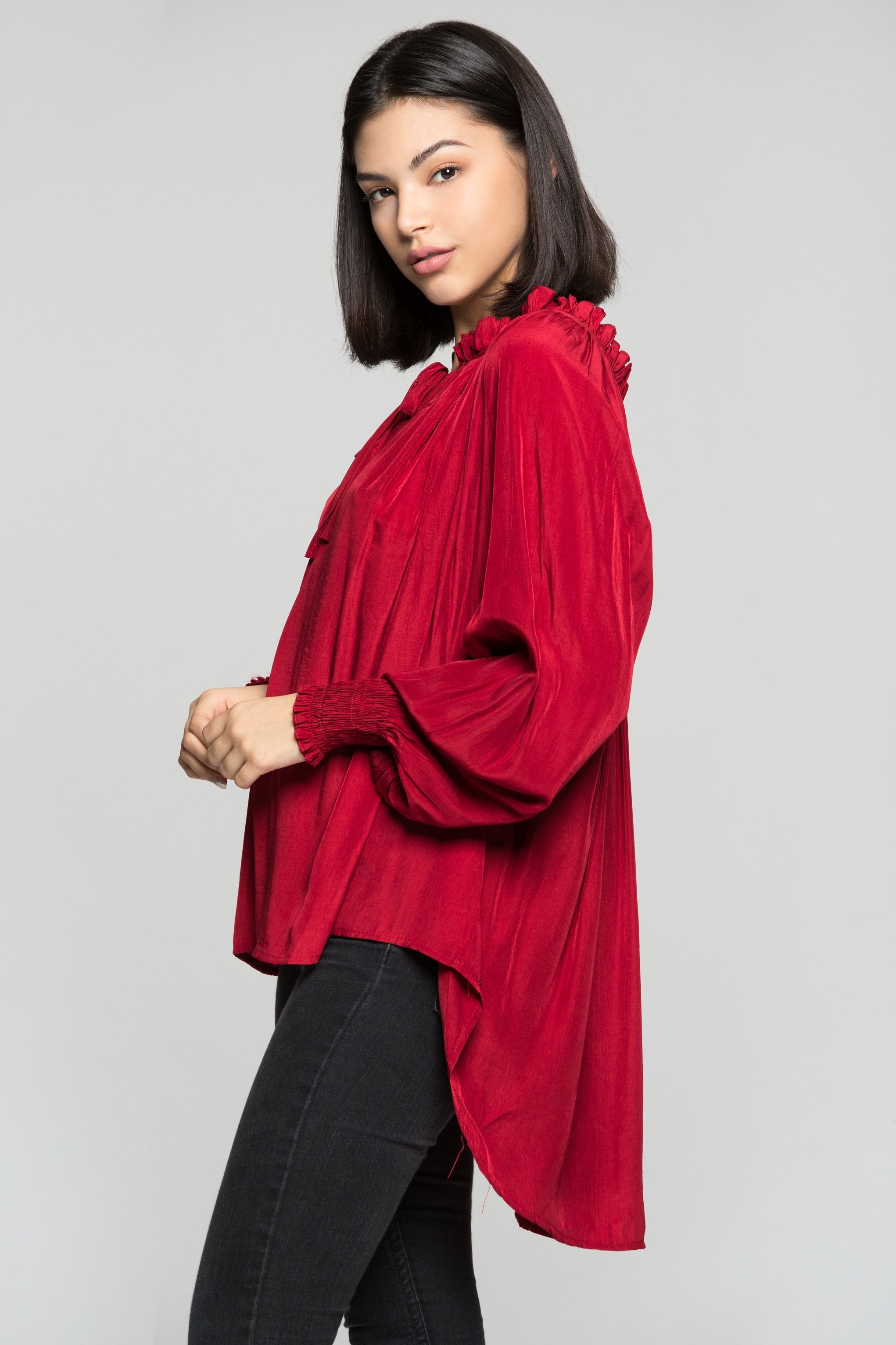 Cherry Red Gathers Smocked Sleeves Top - ownthelooks-Development