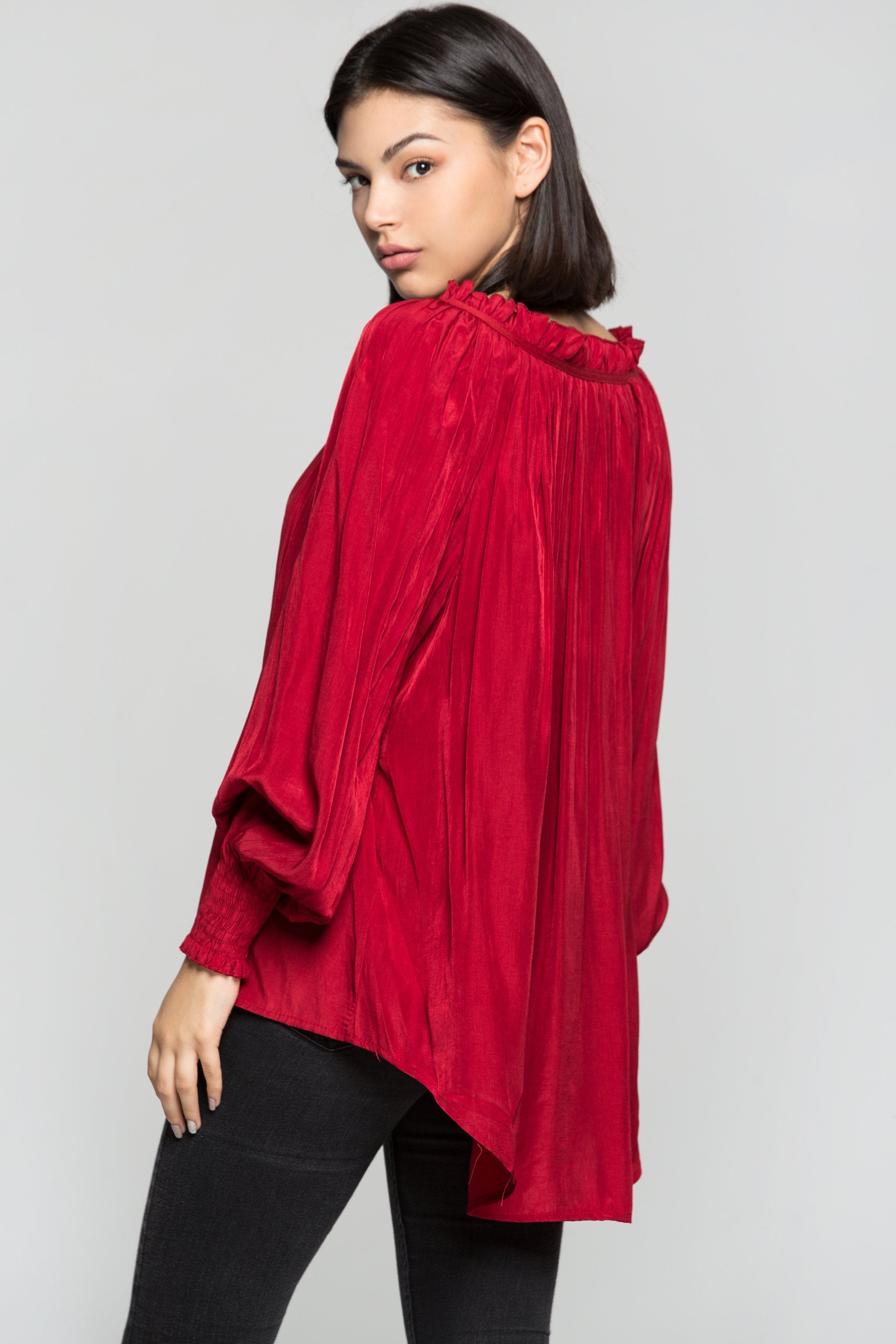 Cherry Red Gathers Smocked Sleeves Top - ownthelooks-Development