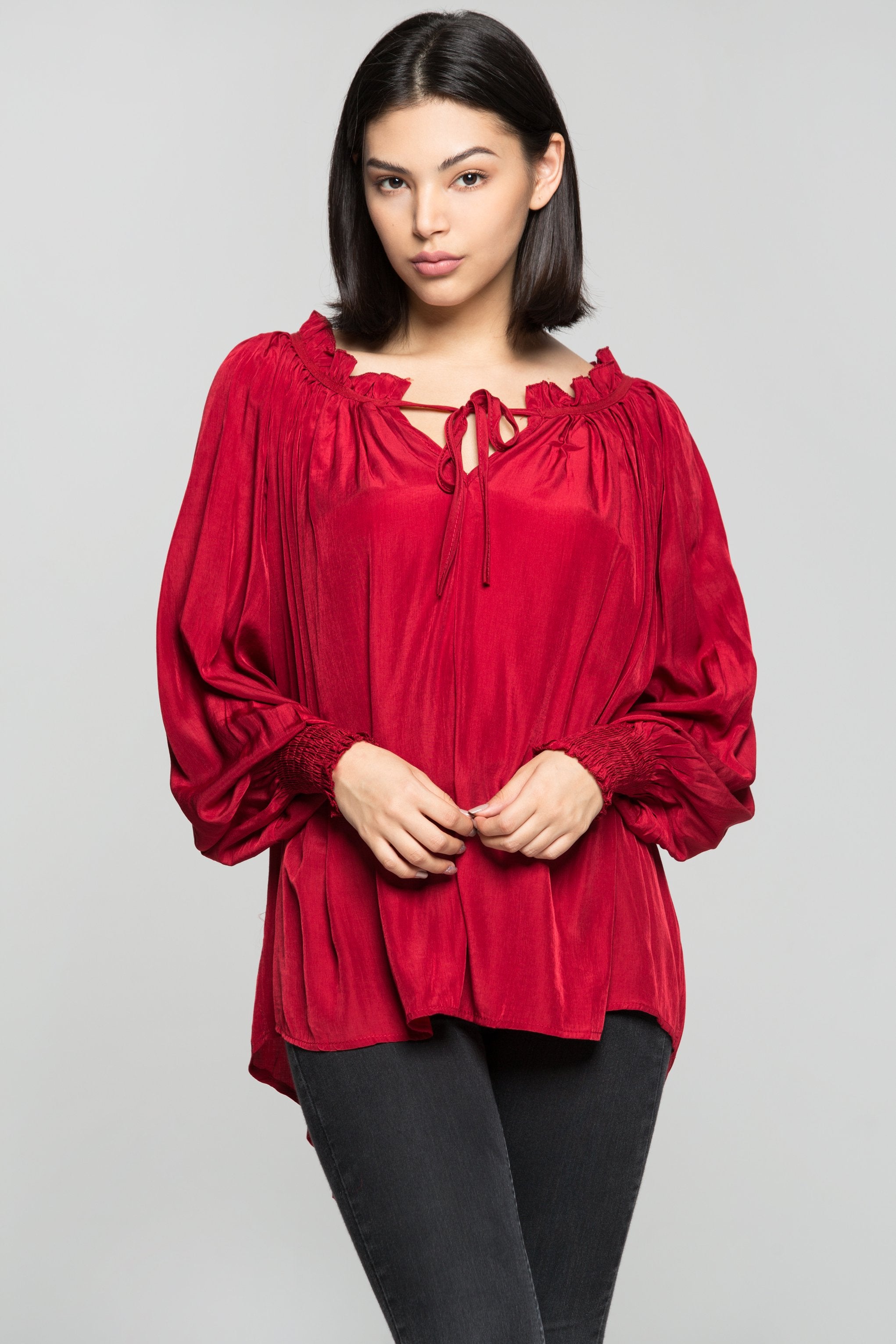 Cherry Red Gathers Smocked Sleeves Top - ownthelooks-Development