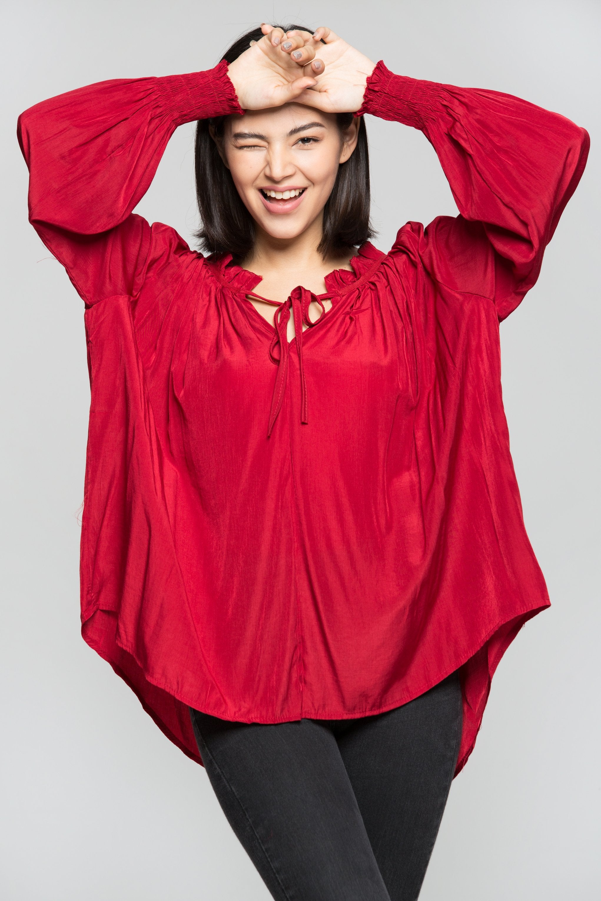 Cherry Red Gathers Smocked Sleeves Top - ownthelooks-Development