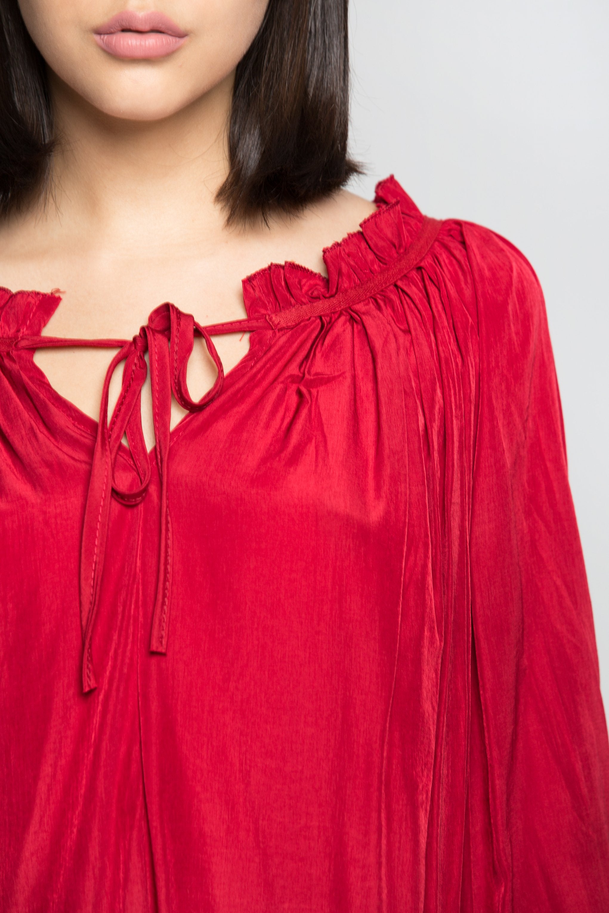 Cherry Red Gathers Smocked Sleeves Top - ownthelooks-Development
