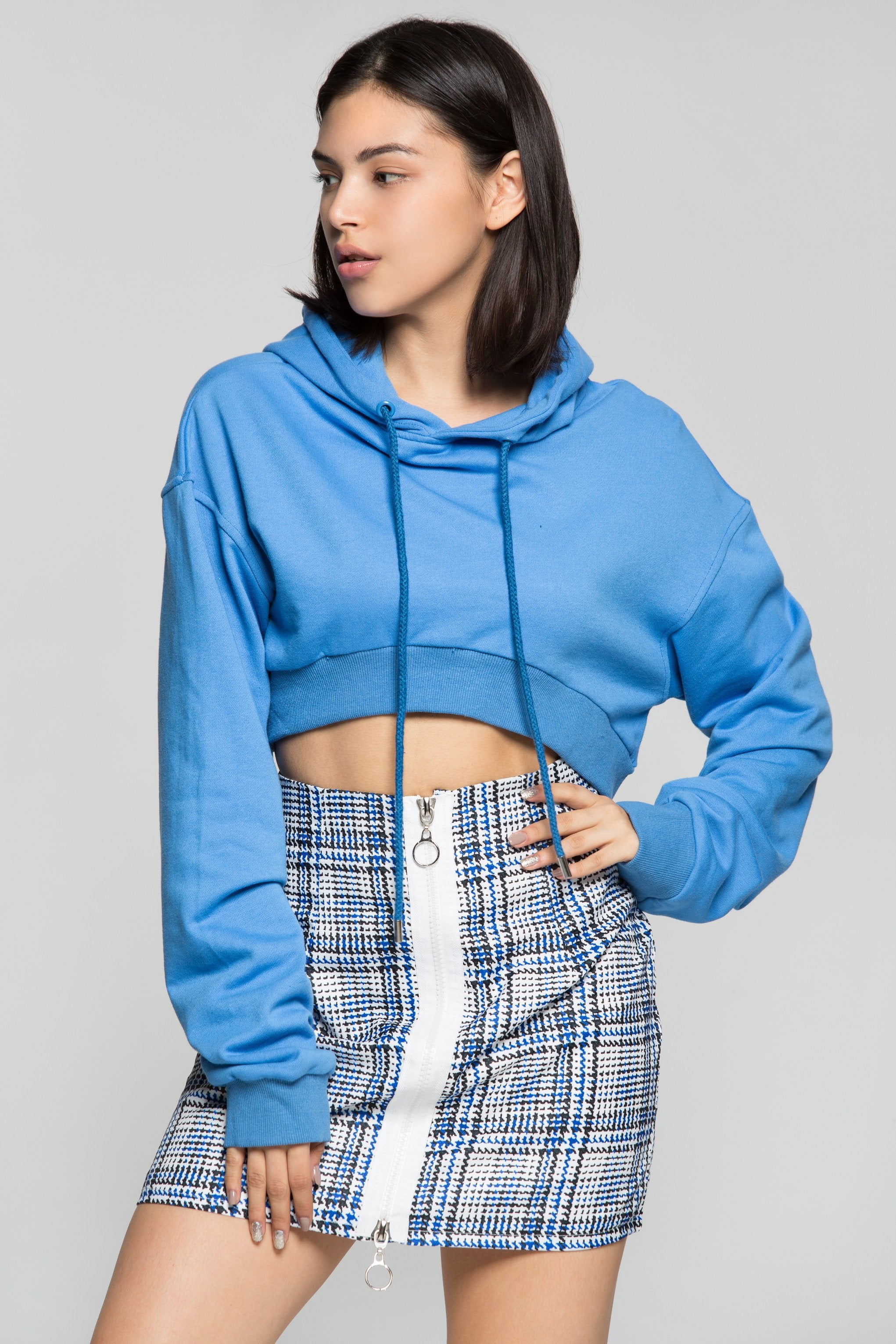 Crayola Blue Drawstring Hooded Crop Jacket with Blue and White Check Print Zip Up Skirt Set - ownthelooks-Development