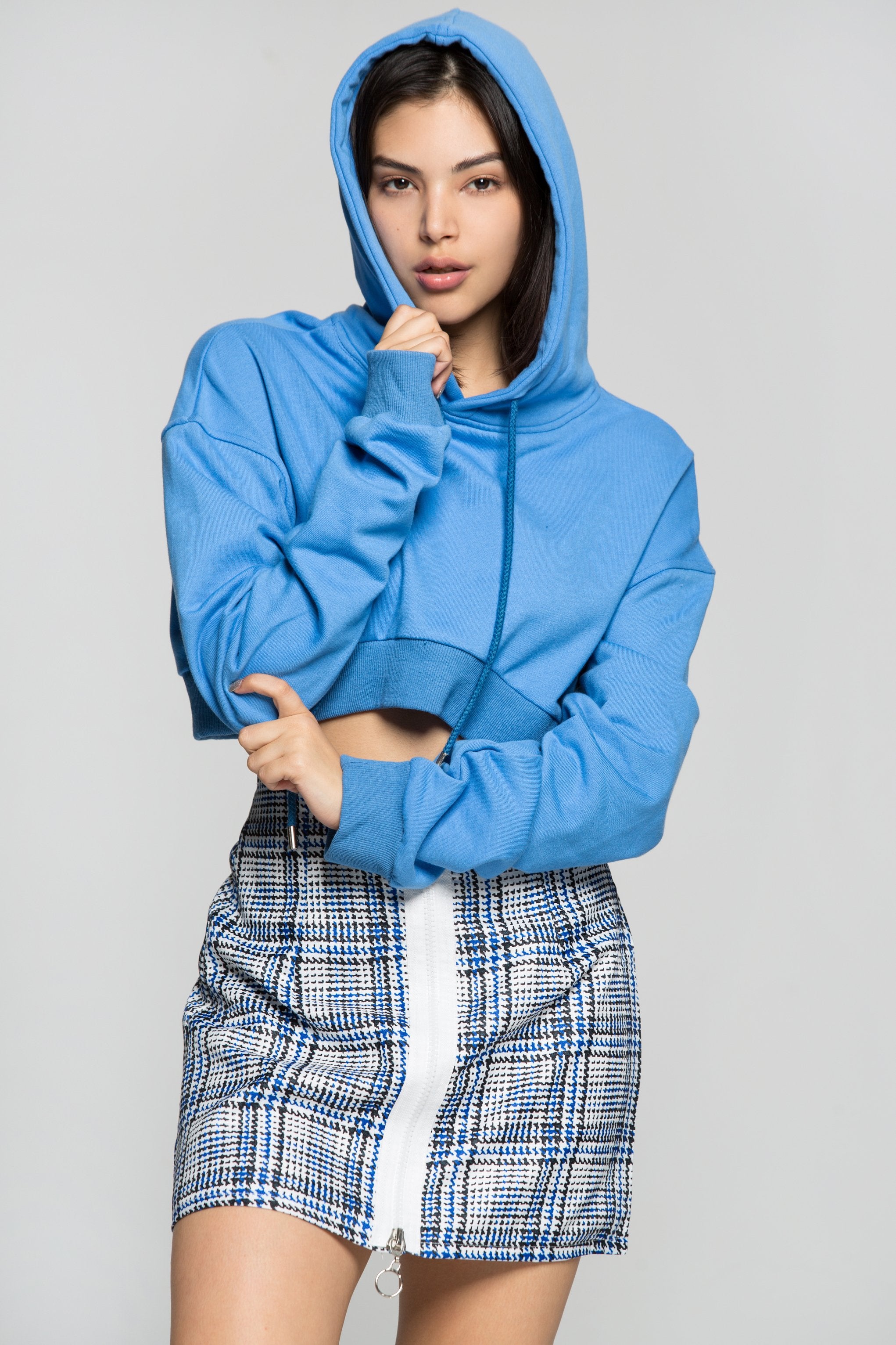 Crayola Blue Drawstring Hooded Crop Jacket with Blue and White Check Print Zip Up Skirt Set - ownthelooks-Development