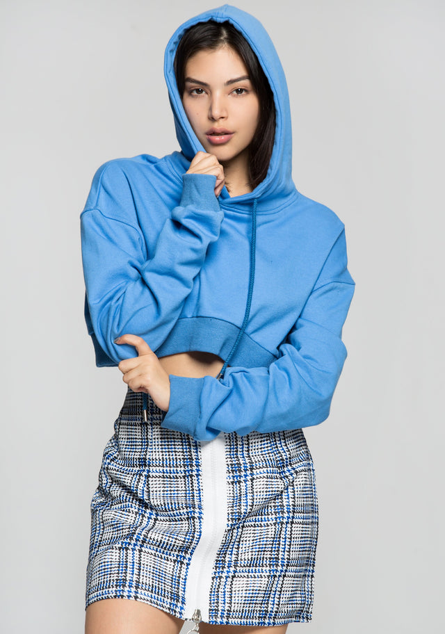 Crayola Blue Drawstring Hooded Crop Jacket with Blue and White Check Print Zip Up Skirt Set - ownthelooks-Development