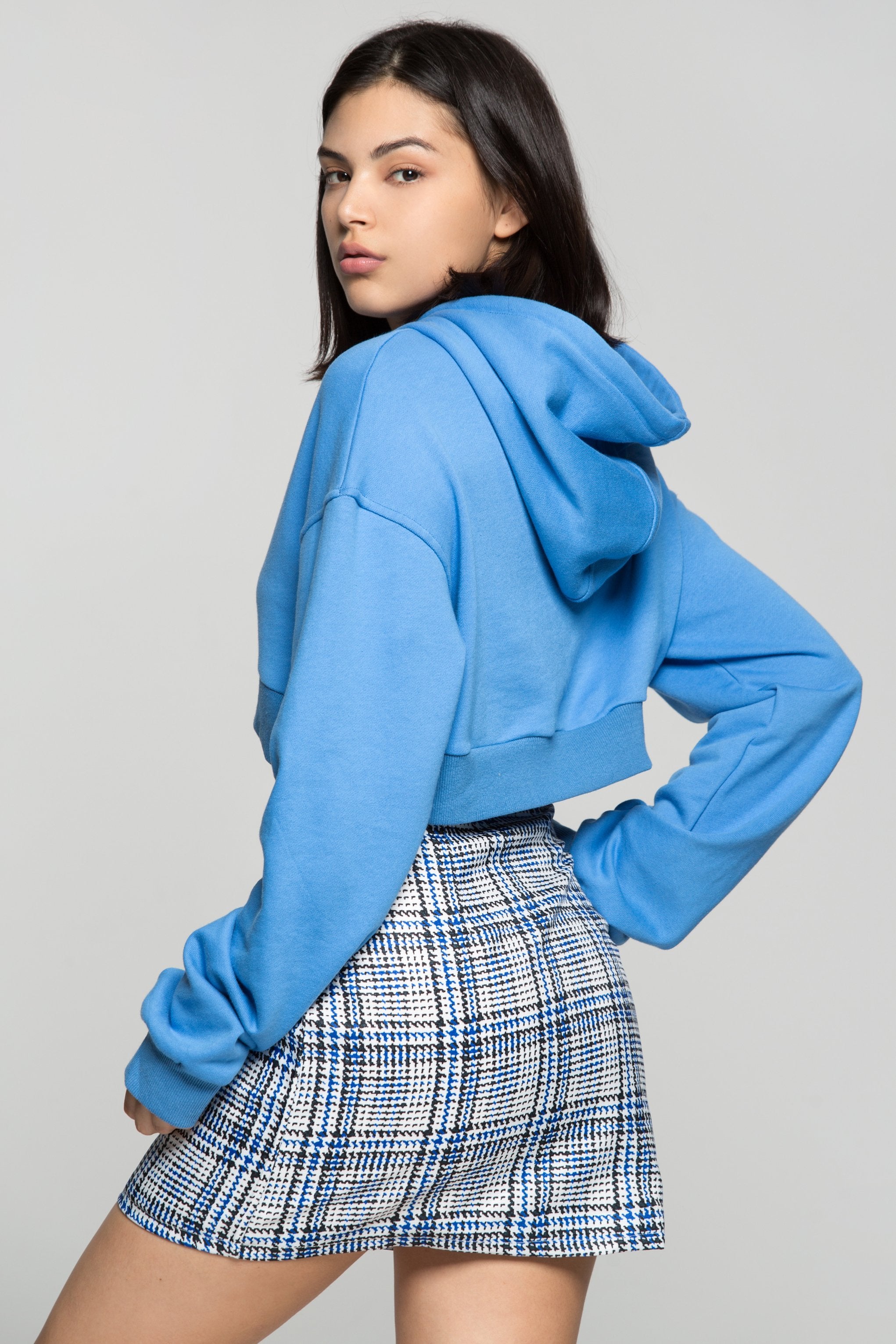Crayola Blue Drawstring Hooded Crop Jacket with Blue and White Check Print Zip Up Skirt Set - ownthelooks-Development