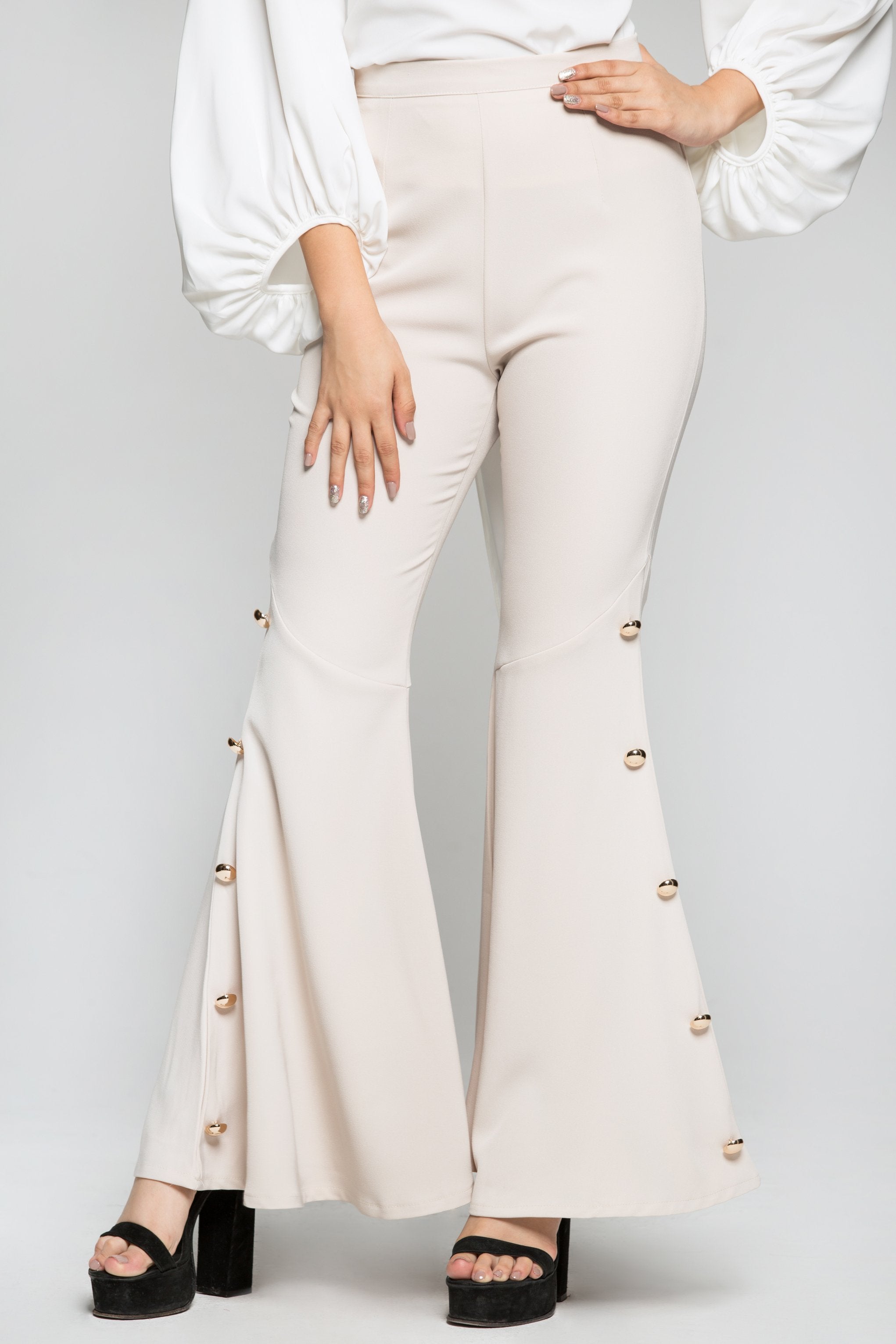 Cream Buttoned Bell Pants - ownthelooks-Development