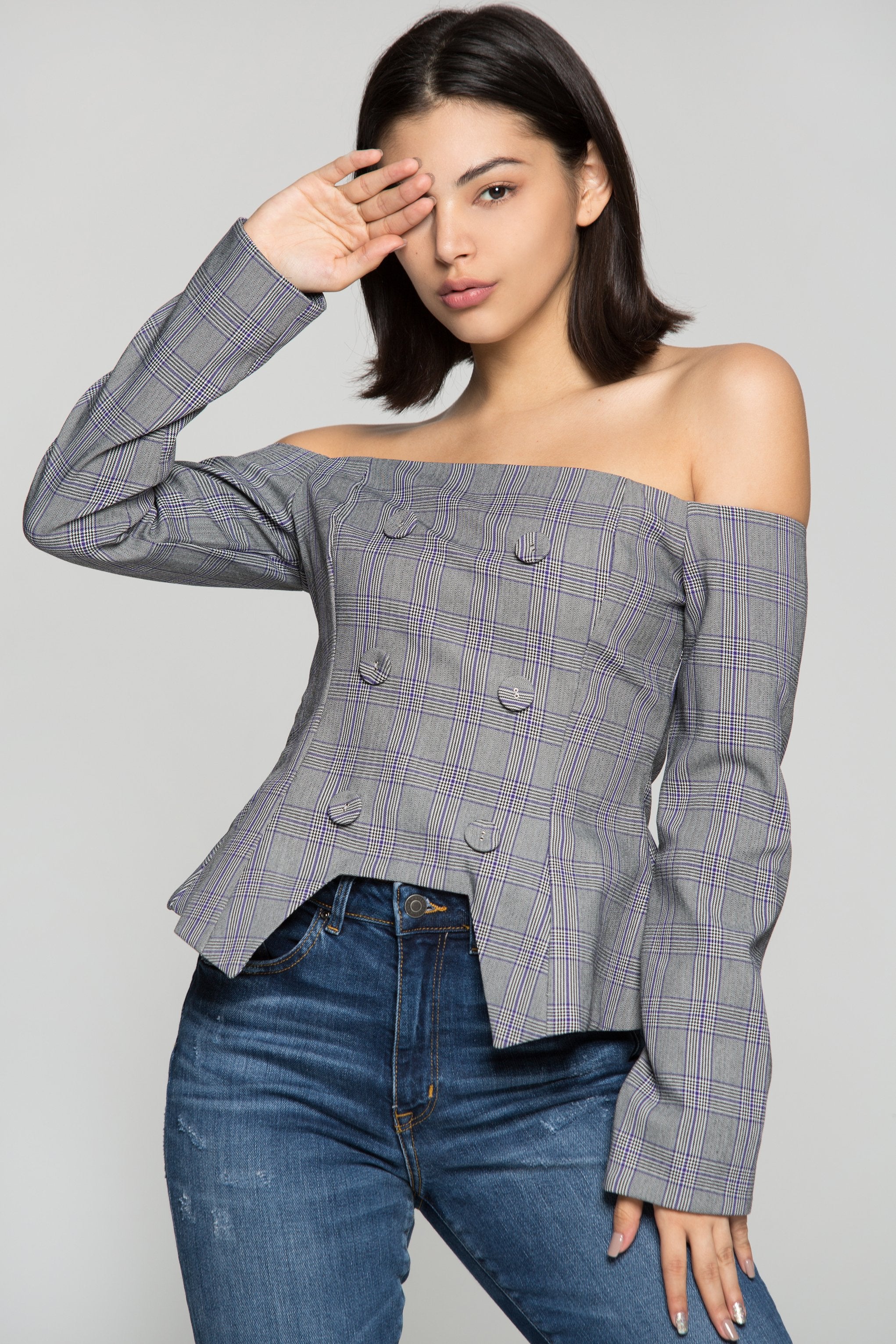 Grey Glen Check Off The Shoulder Top - ownthelooks-Development