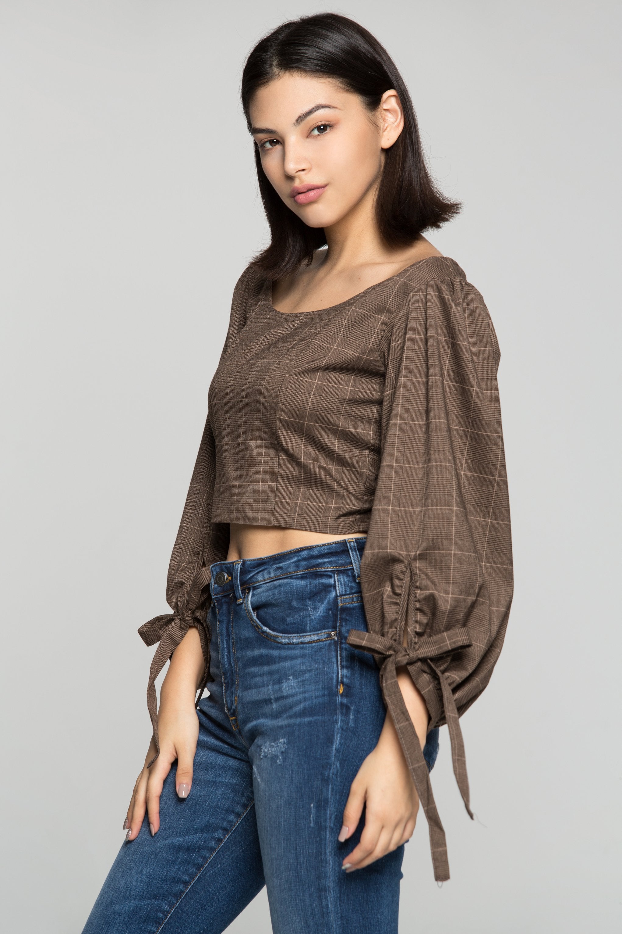 Grey Window Check Print Knotted Crop Top - ownthelooks-Development