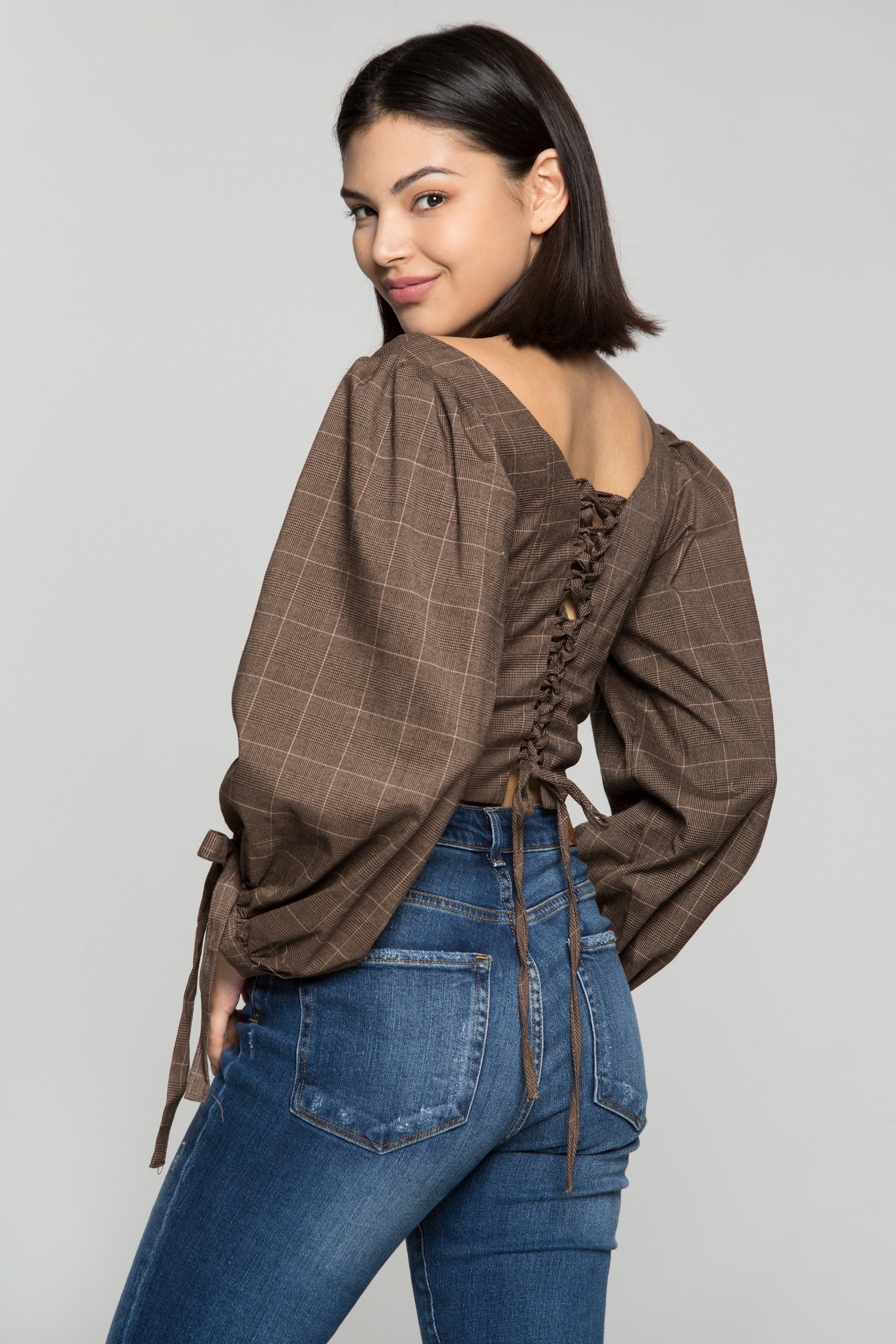 Grey Window Check Print Knotted Crop Top - ownthelooks-Development