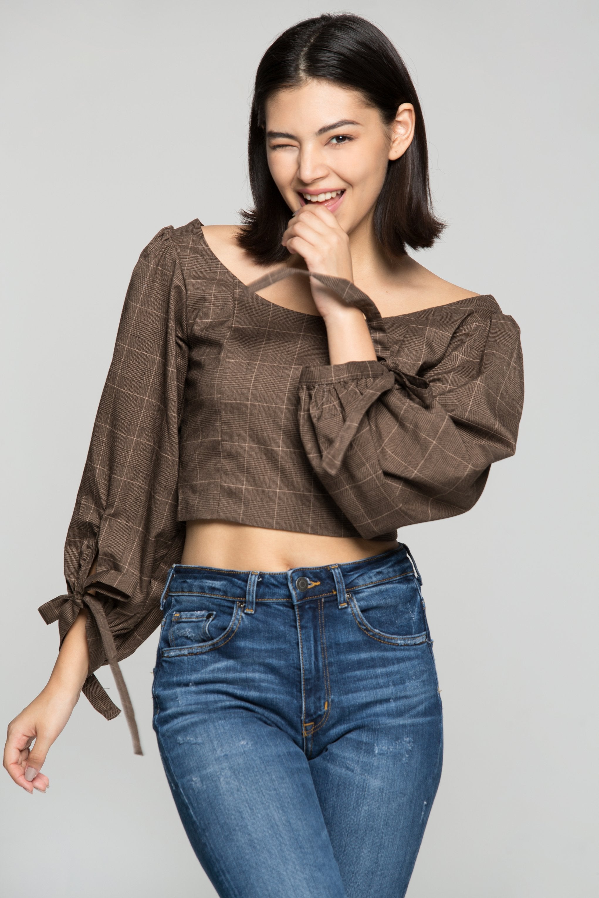 Grey Window Check Print Knotted Crop Top - ownthelooks-Development