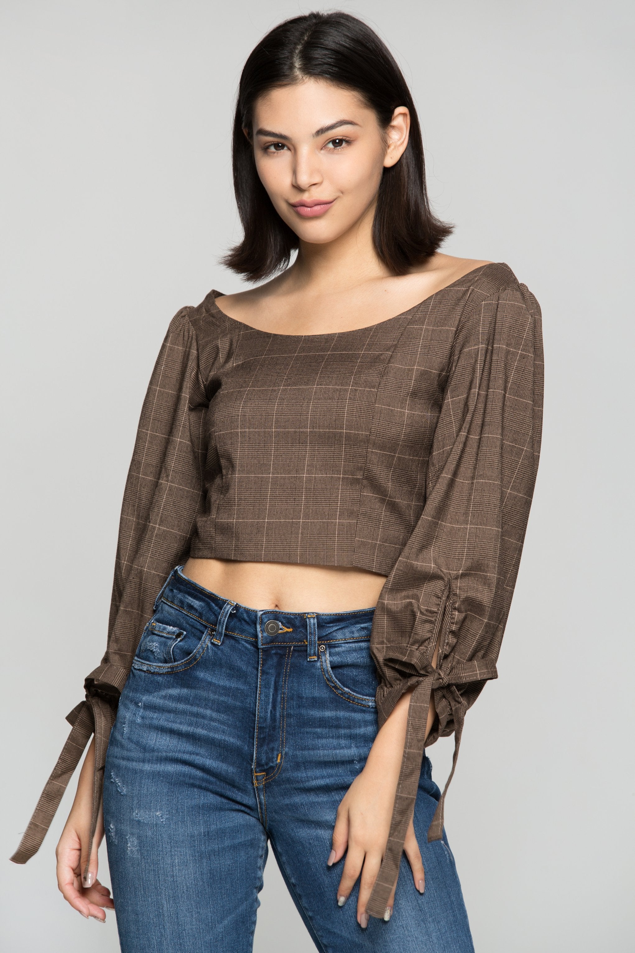 Grey Window Check Print Knotted Crop Top - ownthelooks-Development