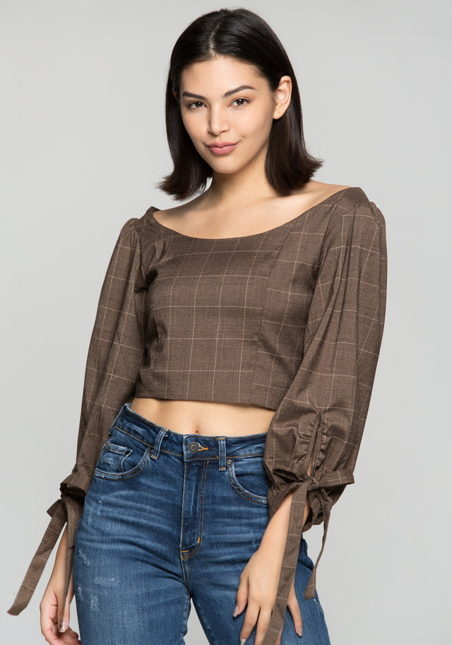 Grey Window Check Print Knotted Crop Top - ownthelooks-Development