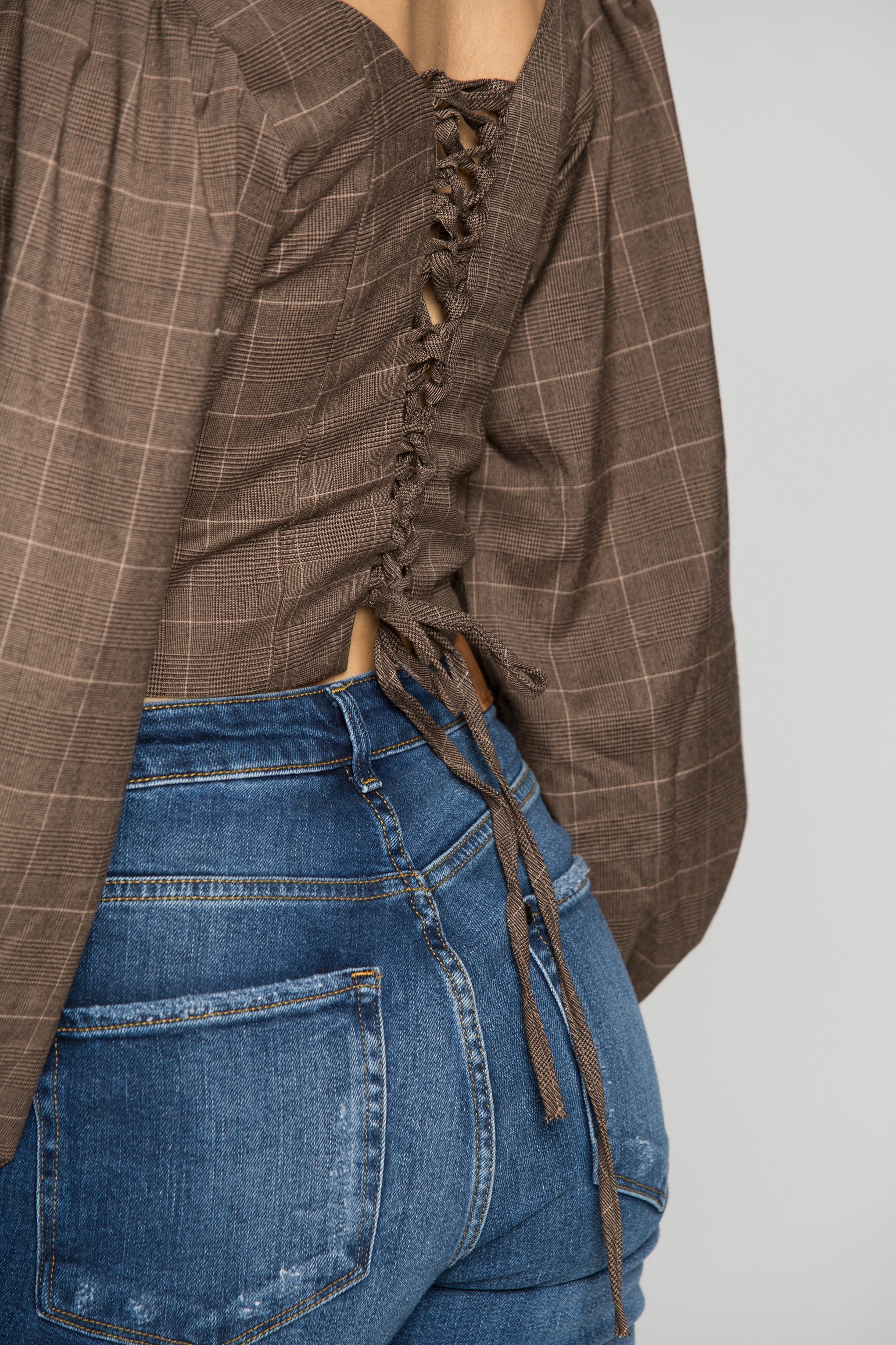 Grey Window Check Print Knotted Crop Top - ownthelooks-Development