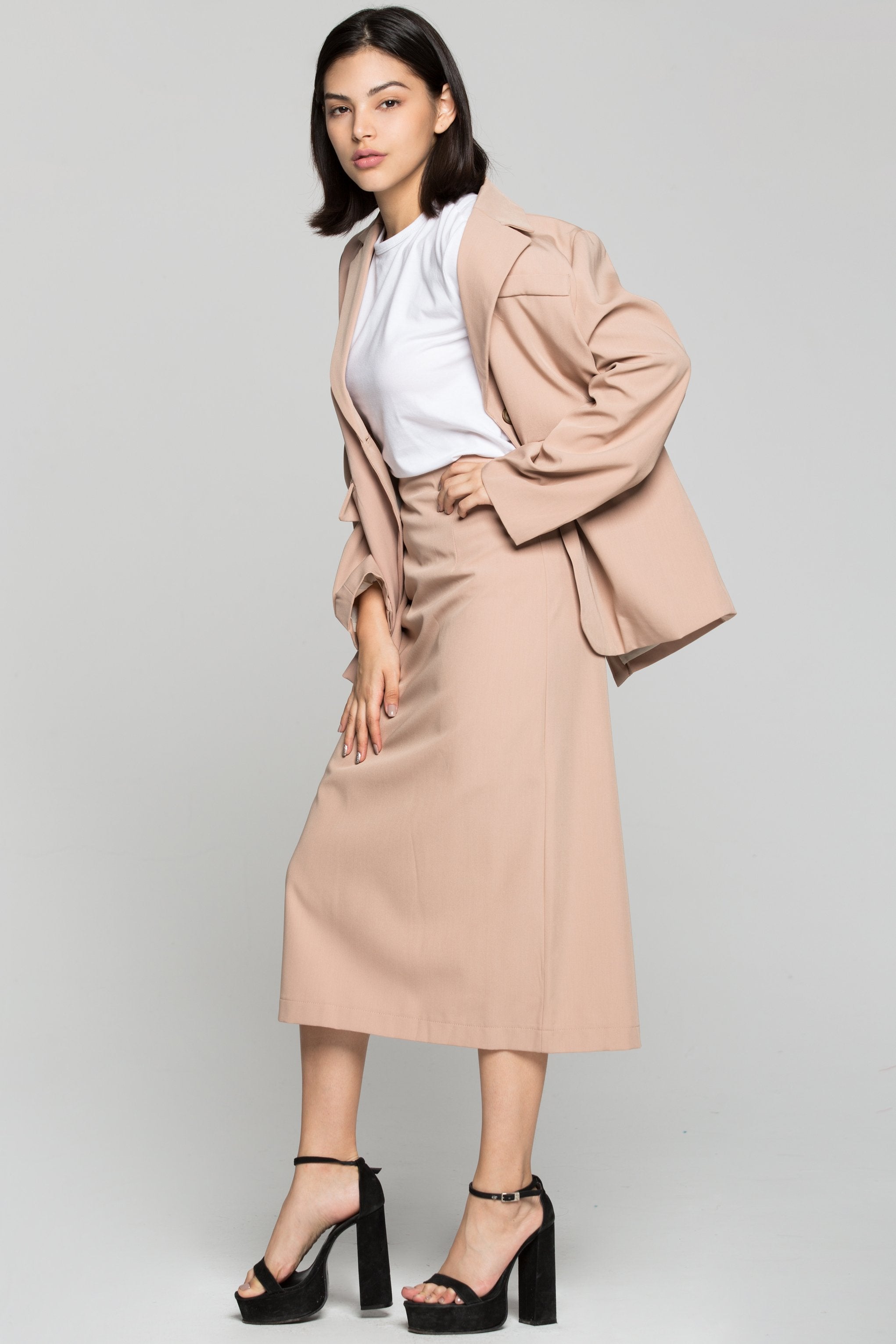 Light Tan Blazer and Skirt Set - ownthelooks-Development