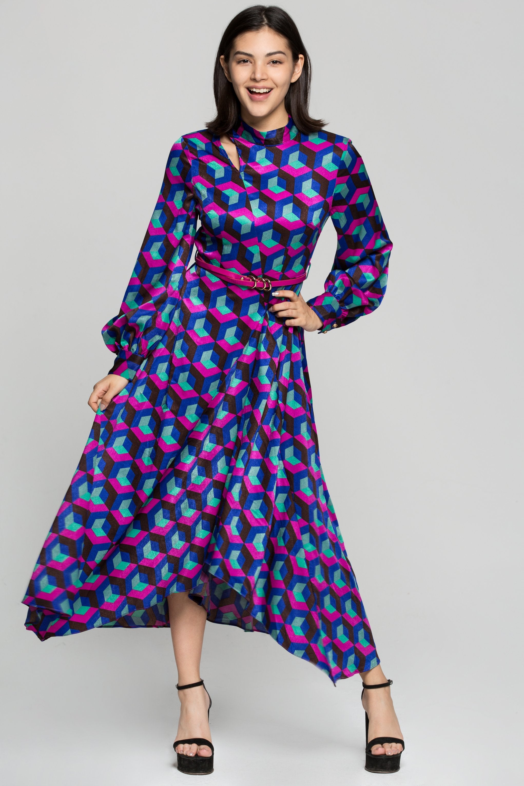 Multi Colored Cubic Print Maxi Dress with Belt - ownthelooks-Development