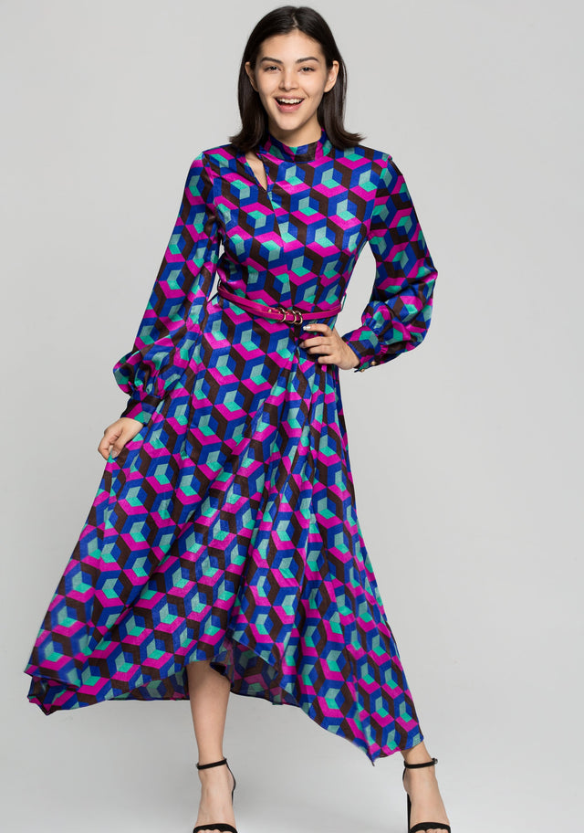 Multi Colored Cubic Print Maxi Dress with Belt - ownthelooks-Development
