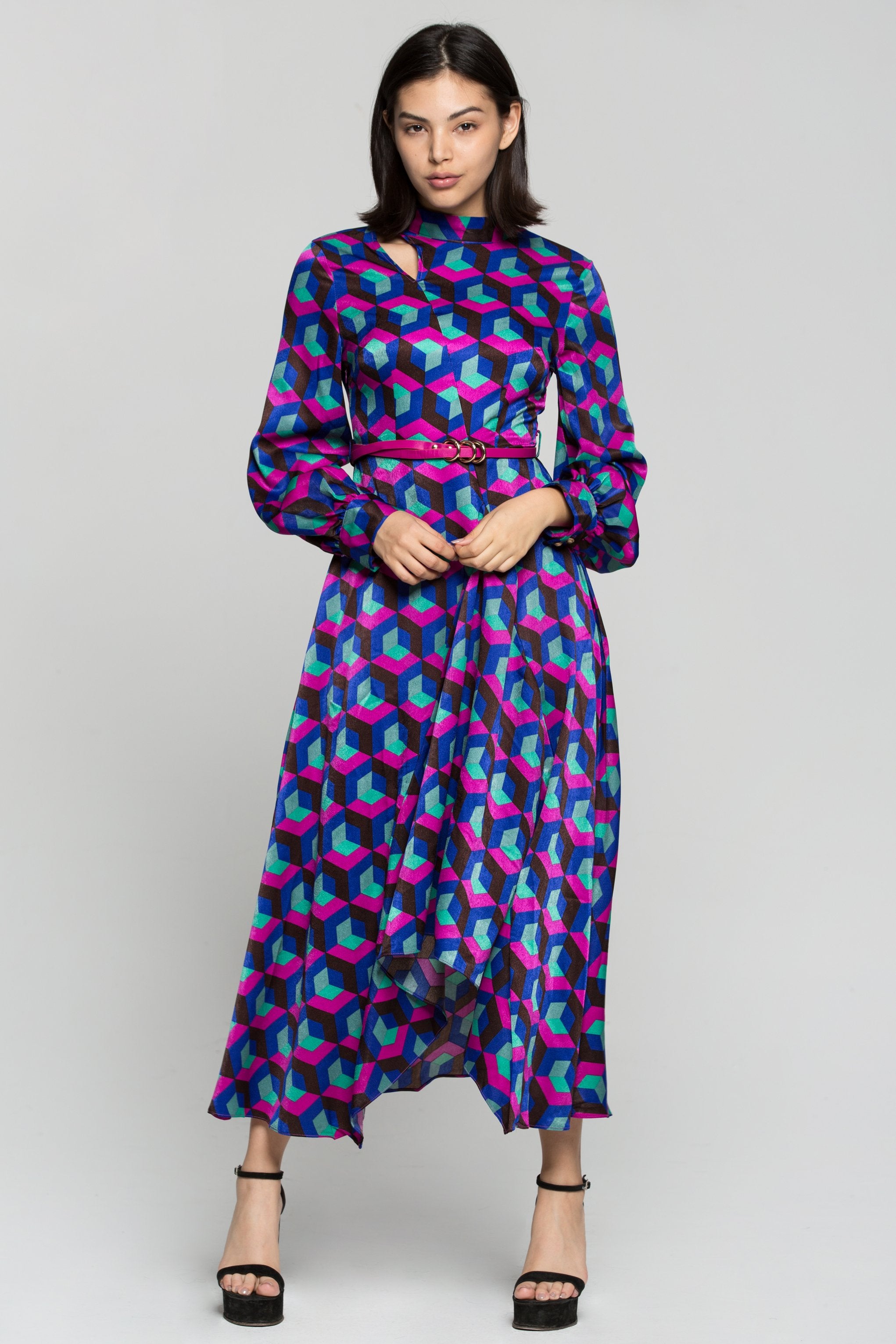 Multi Colored Cubic Print Maxi Dress with Belt - ownthelooks-Development