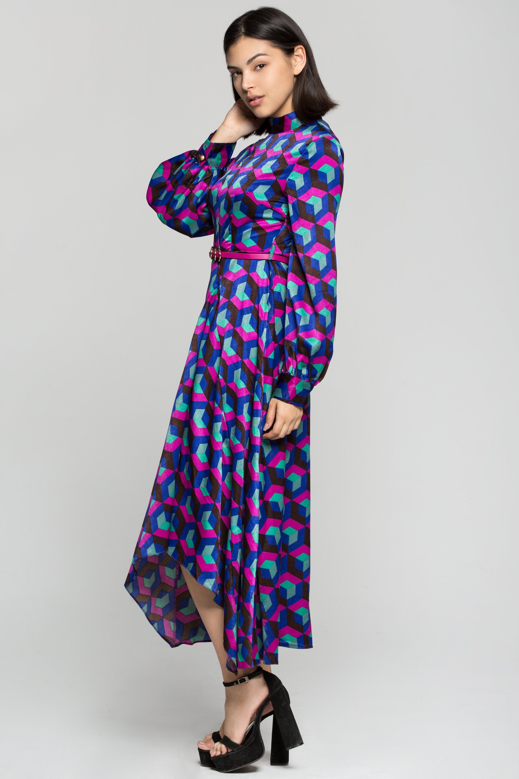 Multi Colored Cubic Print Maxi Dress with Belt - ownthelooks-Development