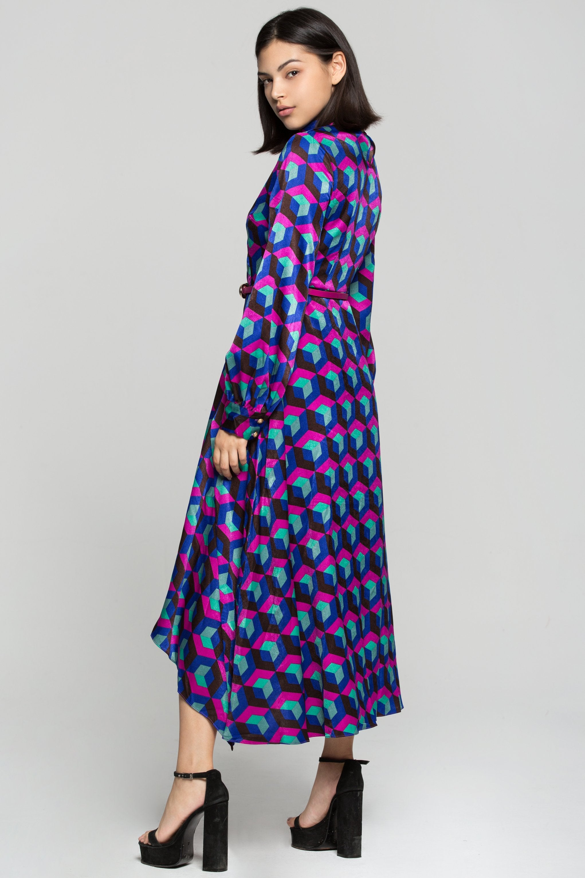 Multi Colored Cubic Print Maxi Dress with Belt - ownthelooks-Development
