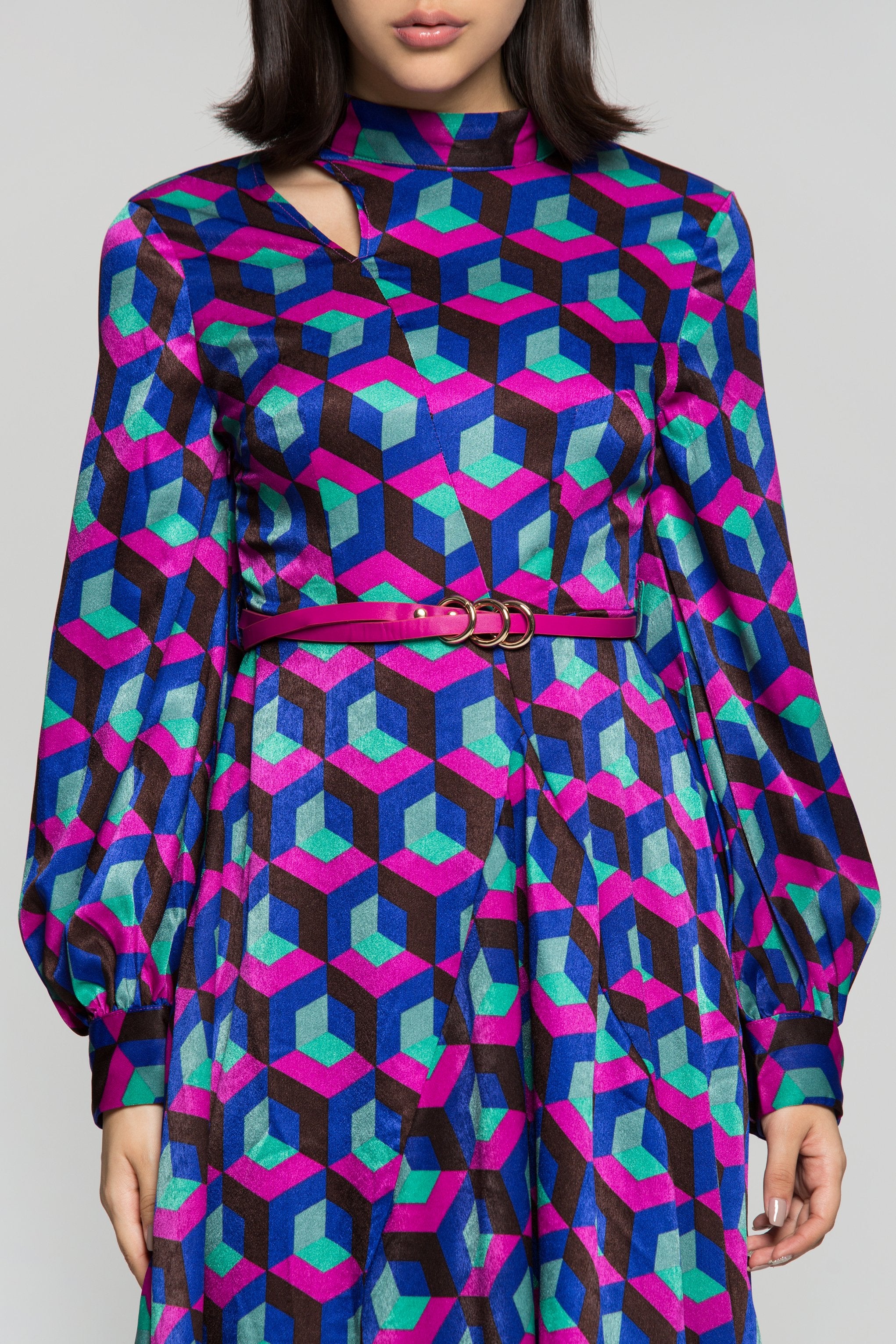 Multi Colored Cubic Print Maxi Dress with Belt - ownthelooks-Development