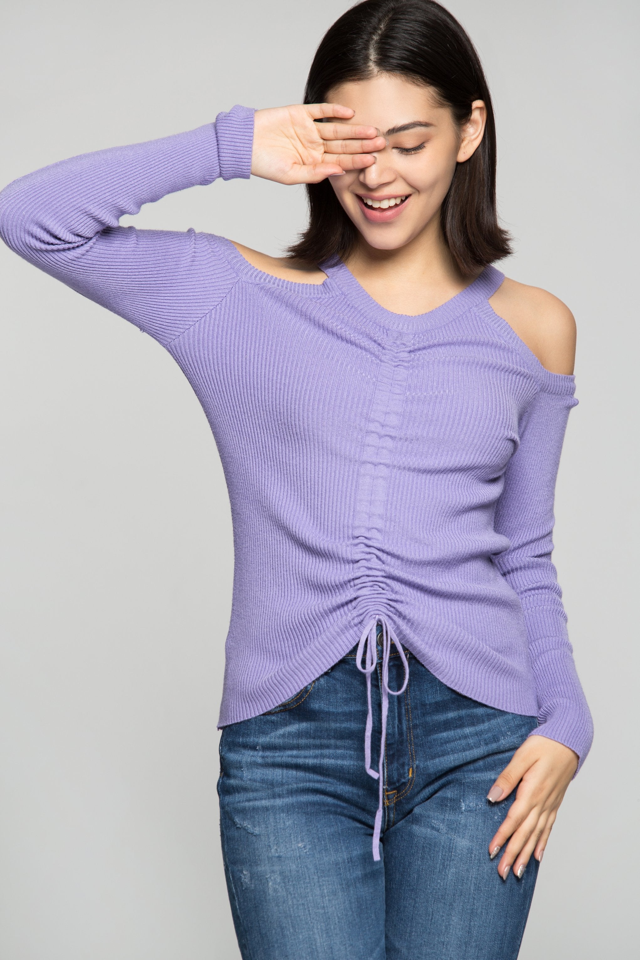 Orchid Purple Cinched Cold Shoulder Top - ownthelooks-Development
