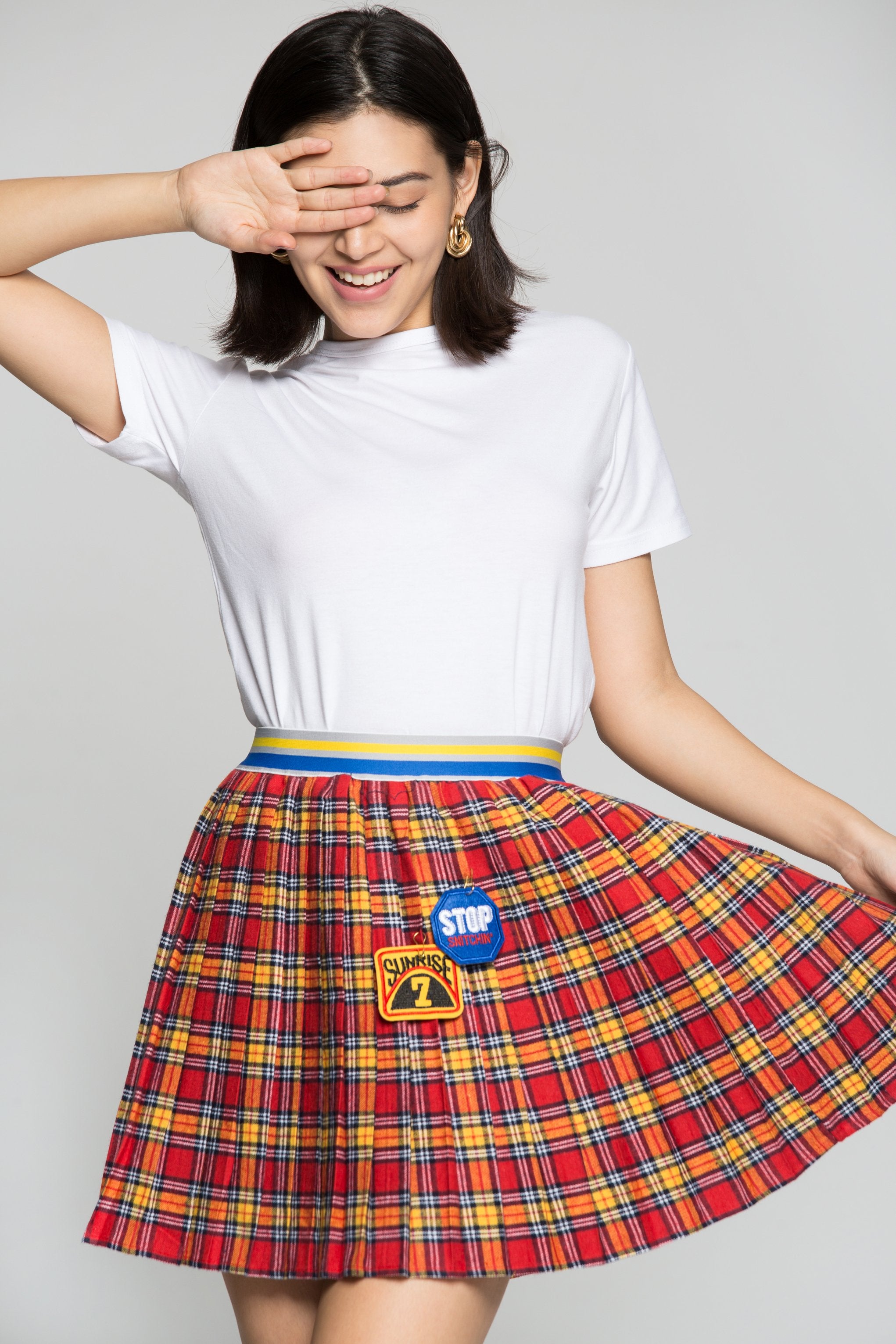 Pink and Yellow Tartan Print Pleated Skirt - ownthelooks-Development