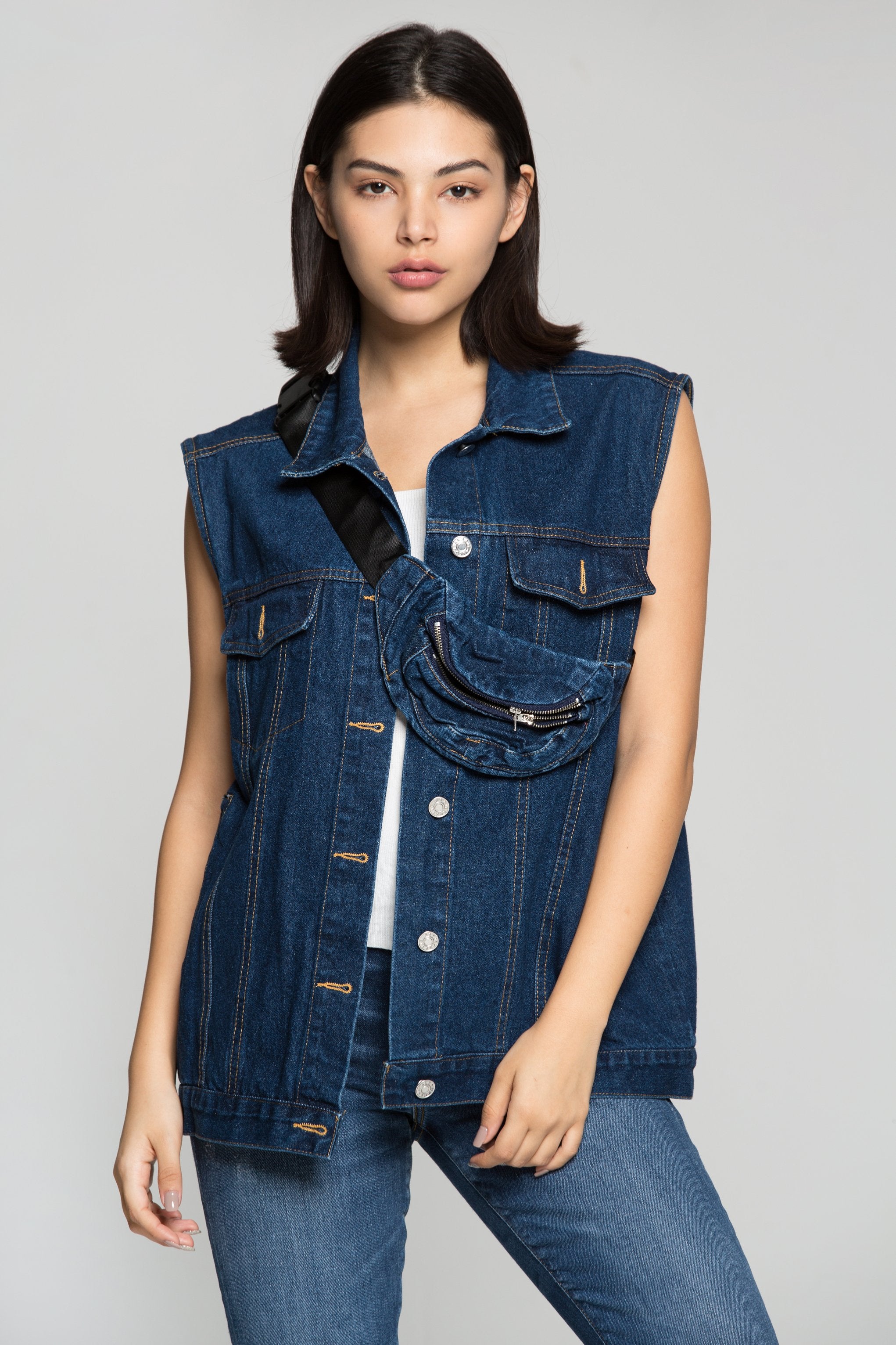 Prussian Blue Denim Jacket Vest with Belt Bag - ownthelooks-Development