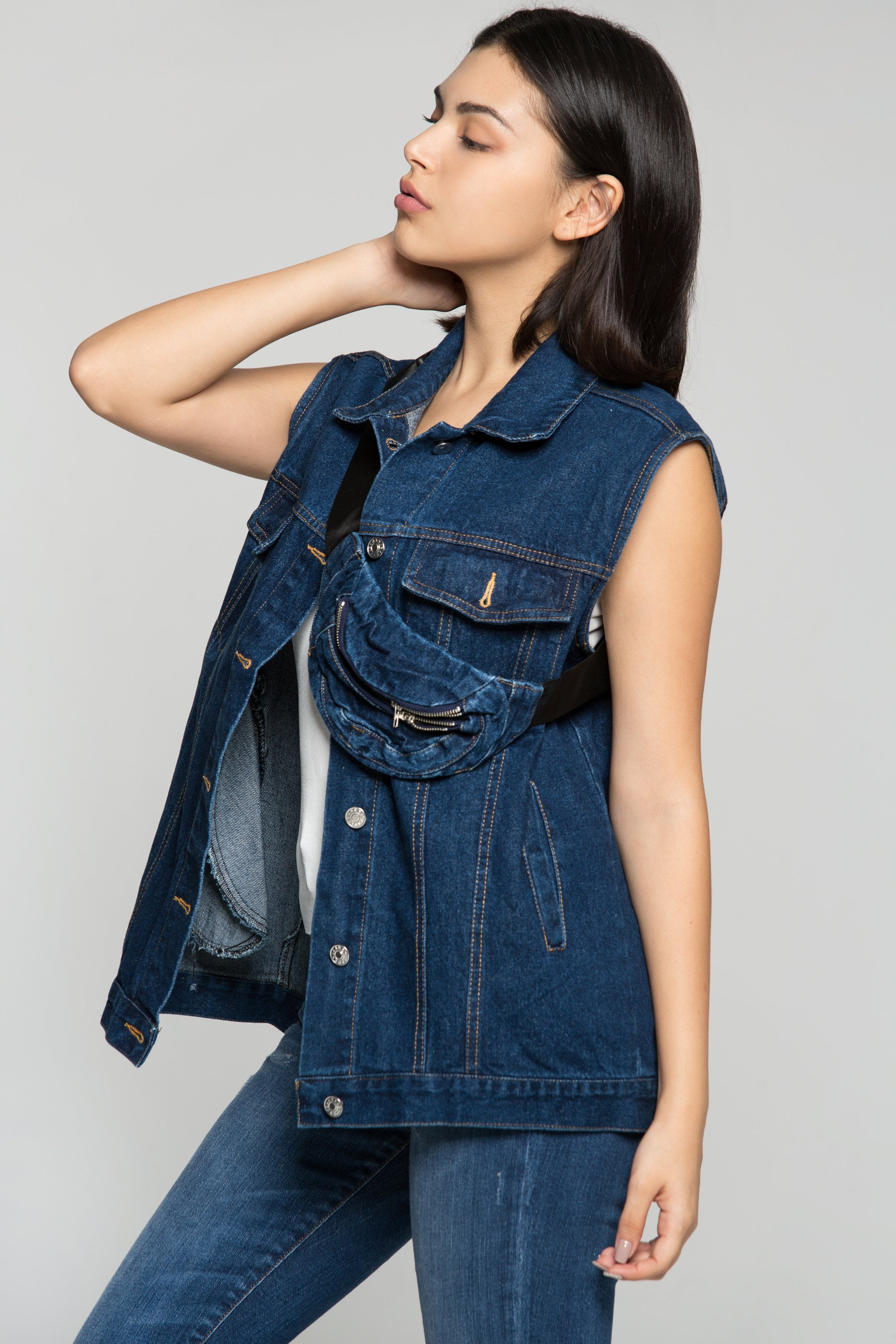 Prussian Blue Denim Jacket Vest with Belt Bag - ownthelooks-Development