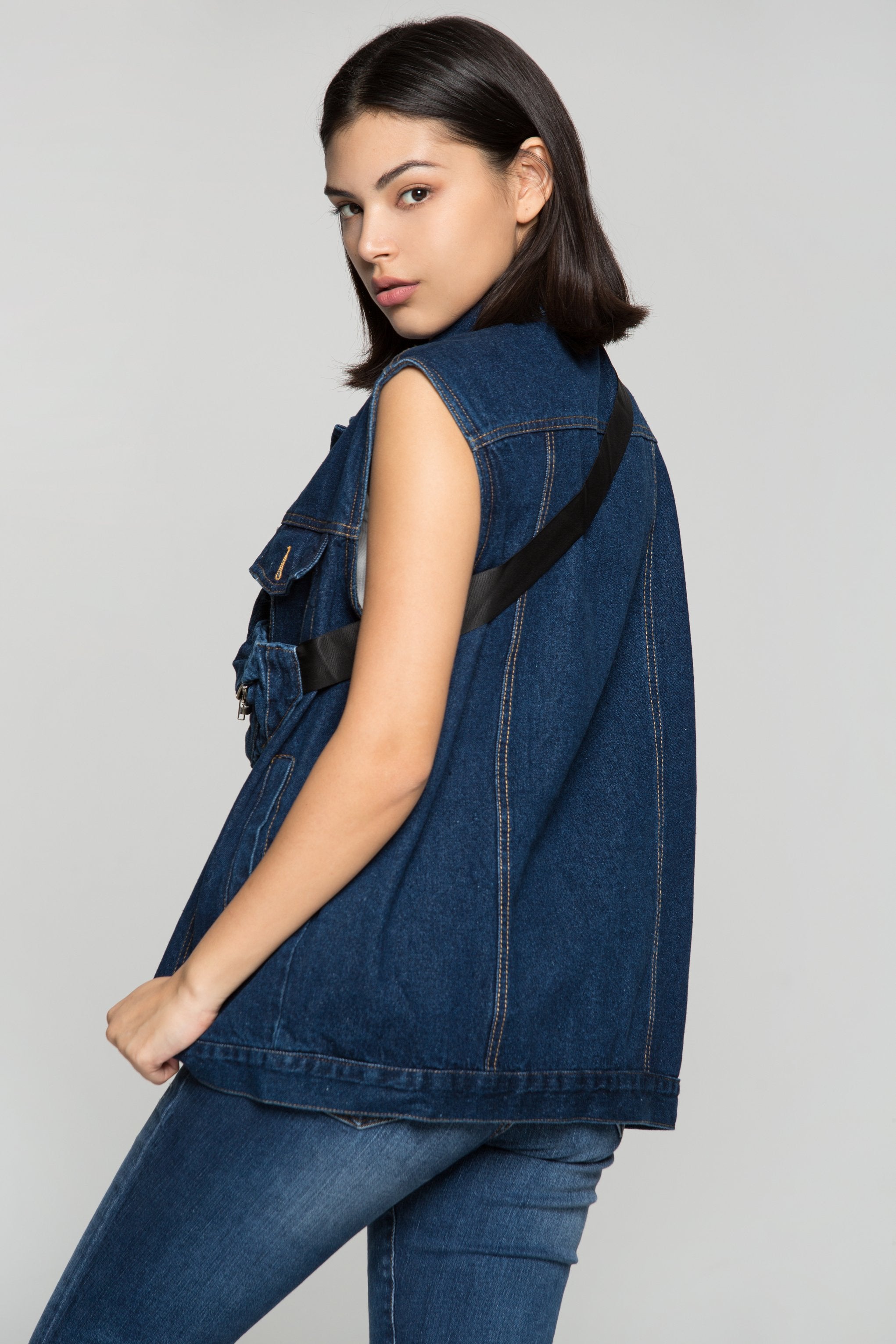 Prussian Blue Denim Jacket Vest with Belt Bag - ownthelooks-Development