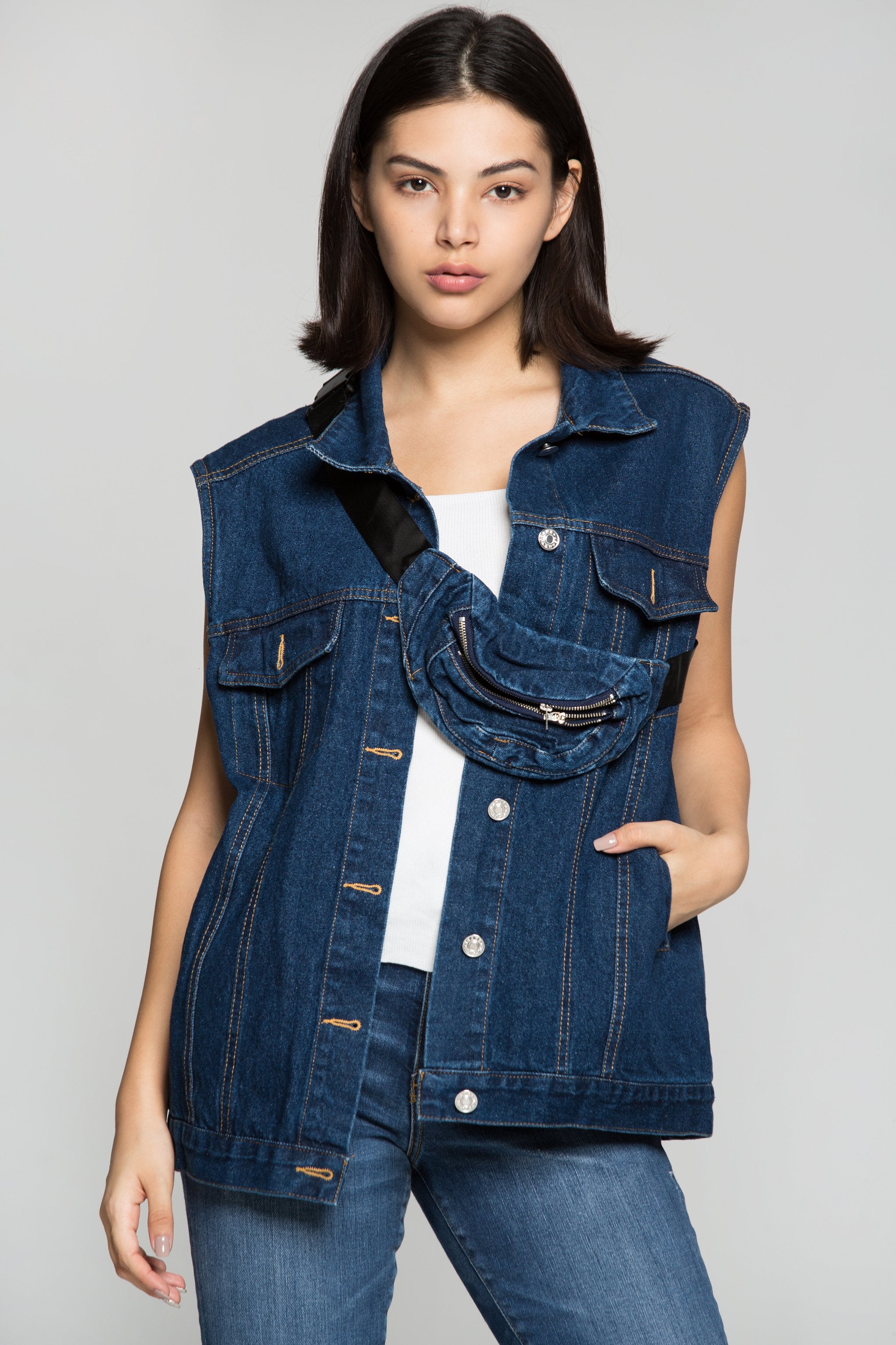 Prussian Blue Denim Jacket Vest with Belt Bag - ownthelooks-Development
