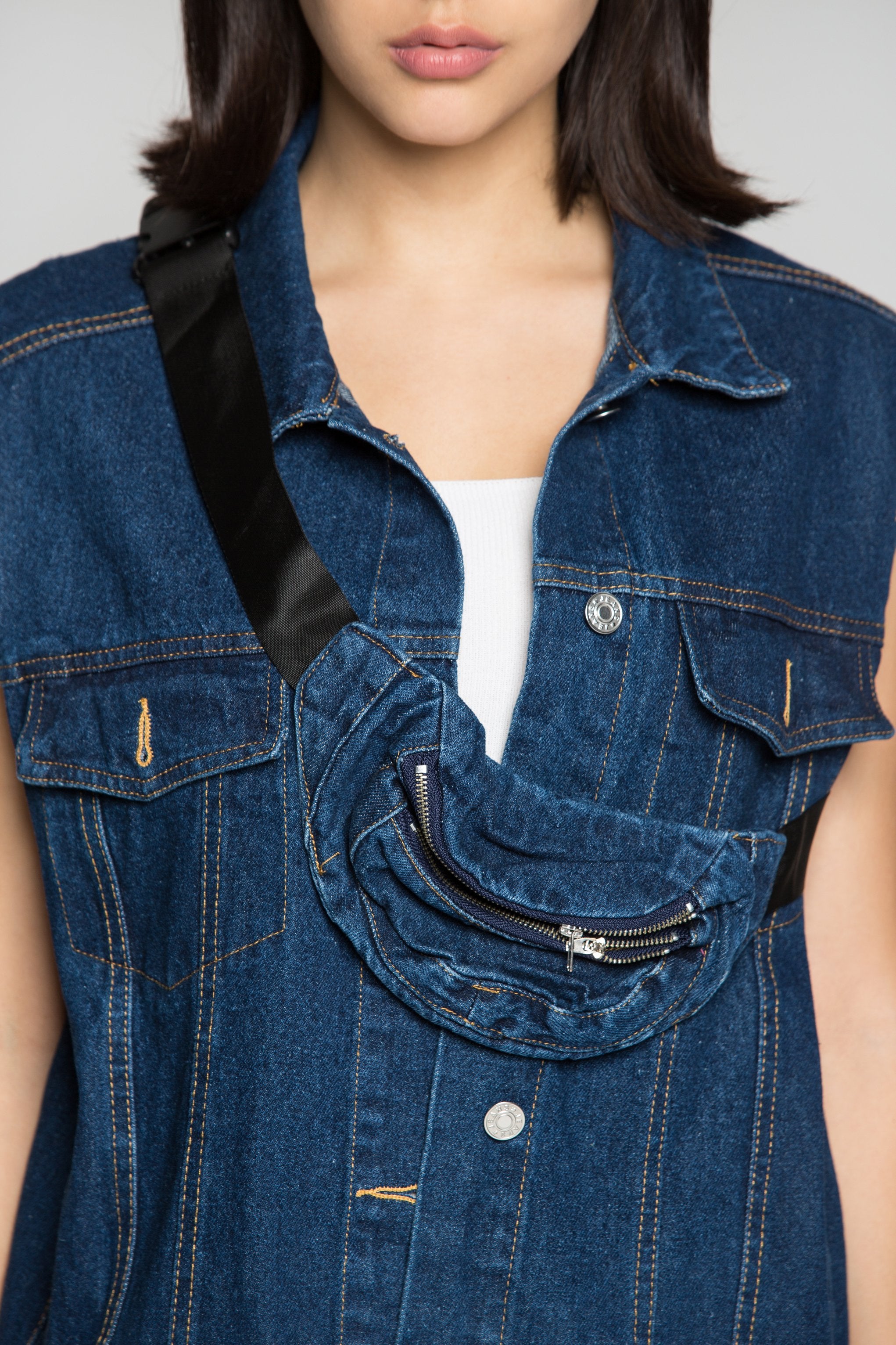 Prussian Blue Denim Jacket Vest with Belt Bag - ownthelooks-Development