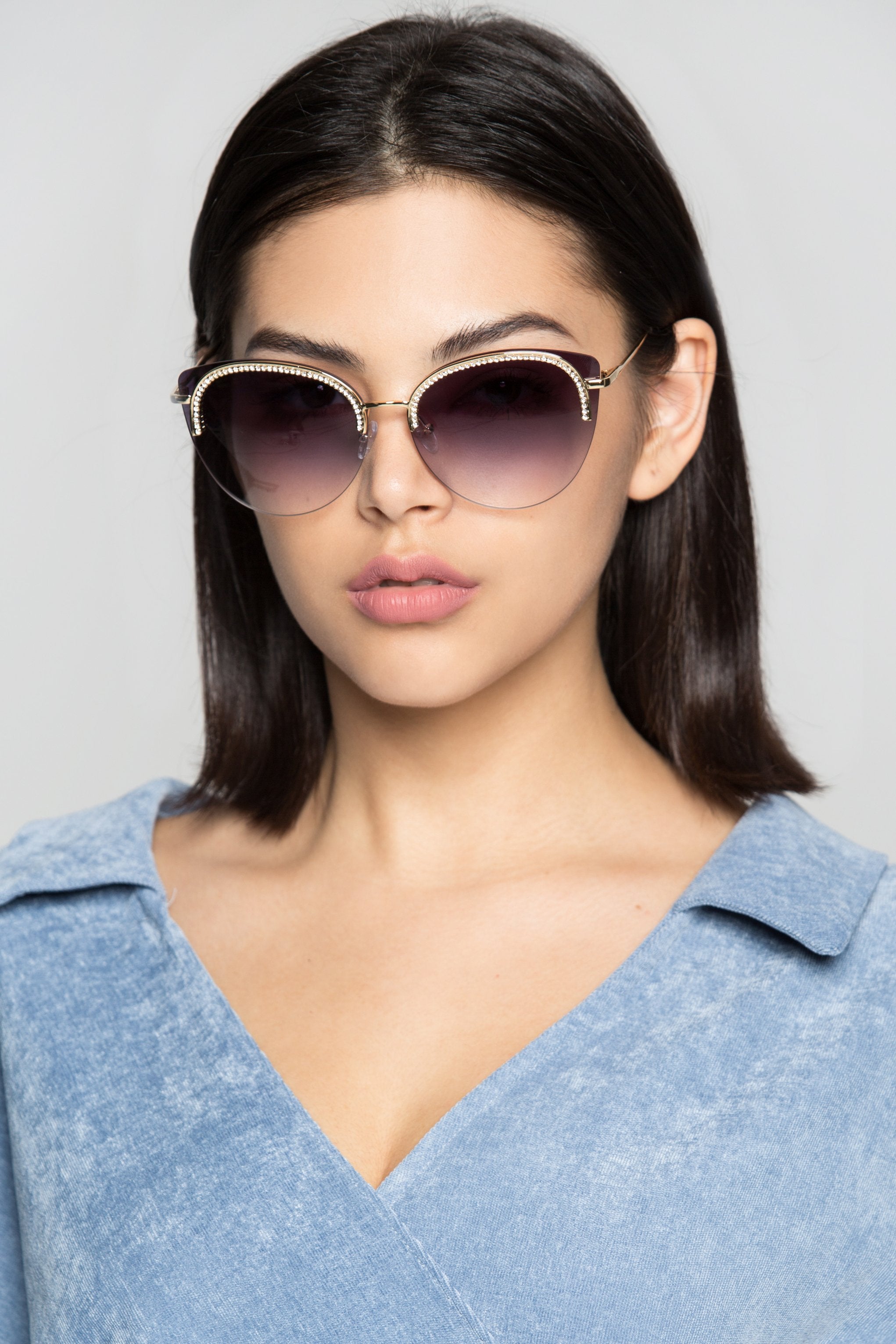 Purple Transparent Diamond Encrusted Clubmaster Sunglasses - ownthelooks-Development
