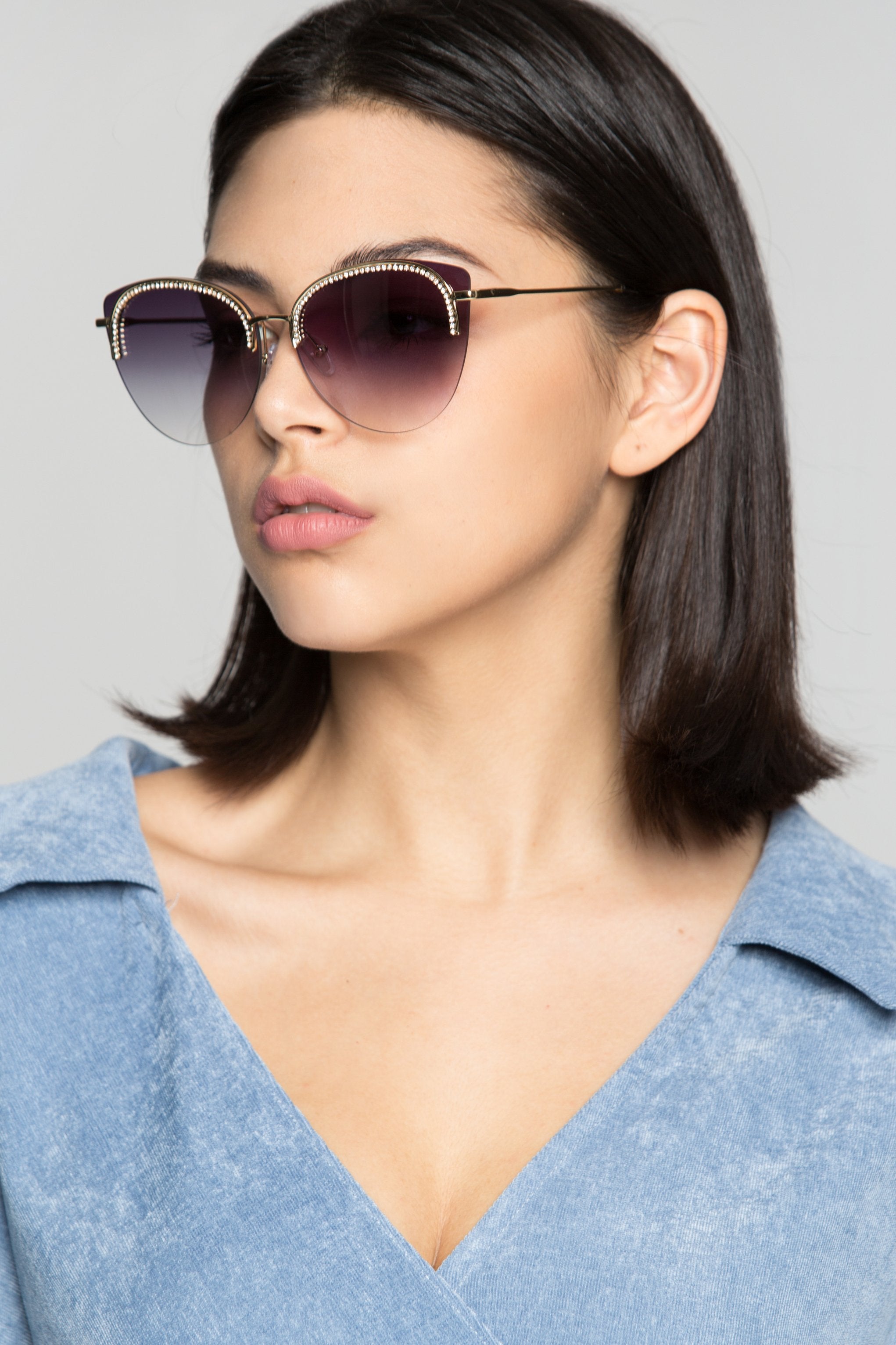 Purple Transparent Diamond Encrusted Clubmaster Sunglasses - ownthelooks-Development