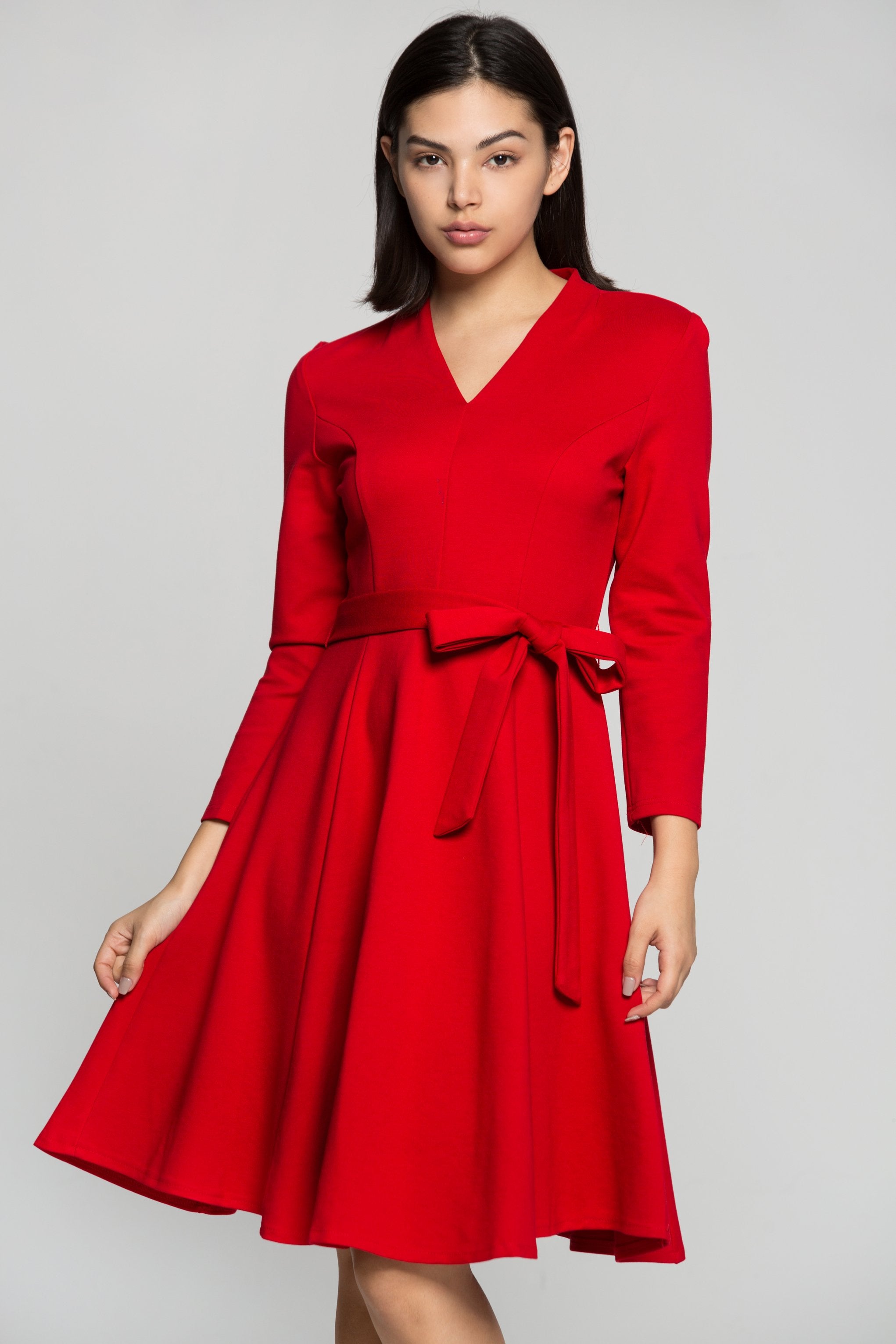 Red Midi Dress with Bow Belt - ownthelooks-Development