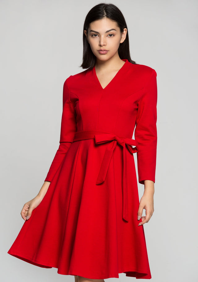 Red Midi Dress with Bow Belt - ownthelooks-Development