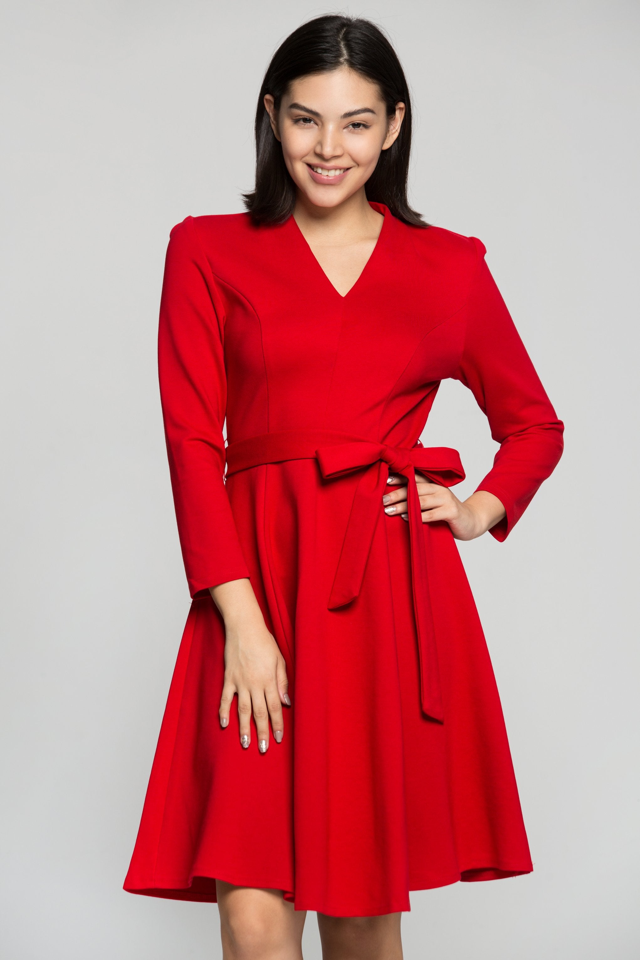 Red Midi Dress with Bow Belt - ownthelooks-Development
