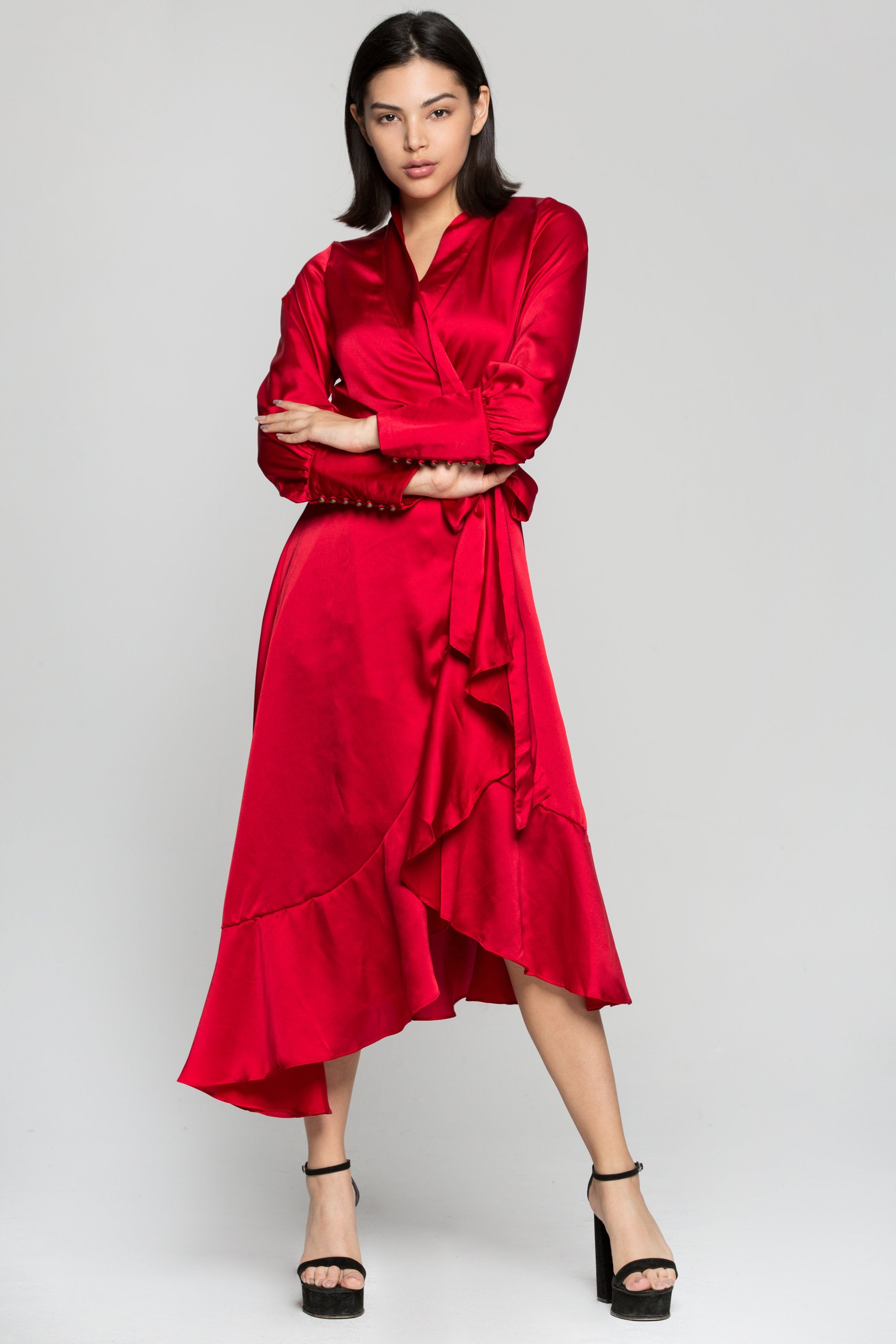 Red Silk Wrap Around Asymmetrical Ruffles Midi Dress - ownthelooks-Development