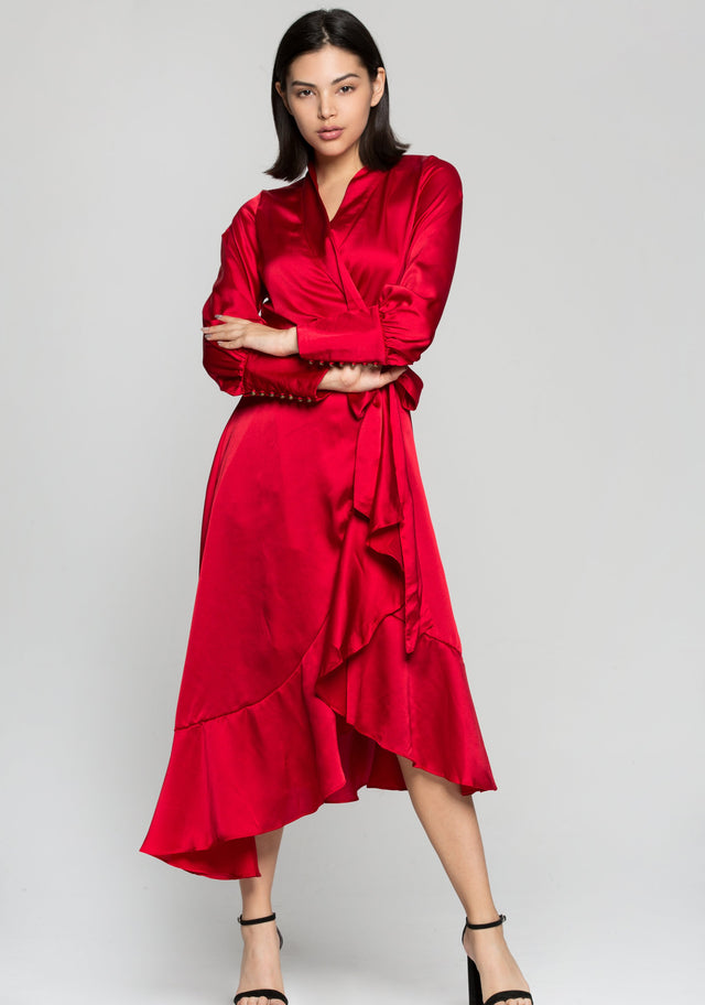 Red Silk Wrap Around Asymmetrical Ruffles Midi Dress - ownthelooks-Development