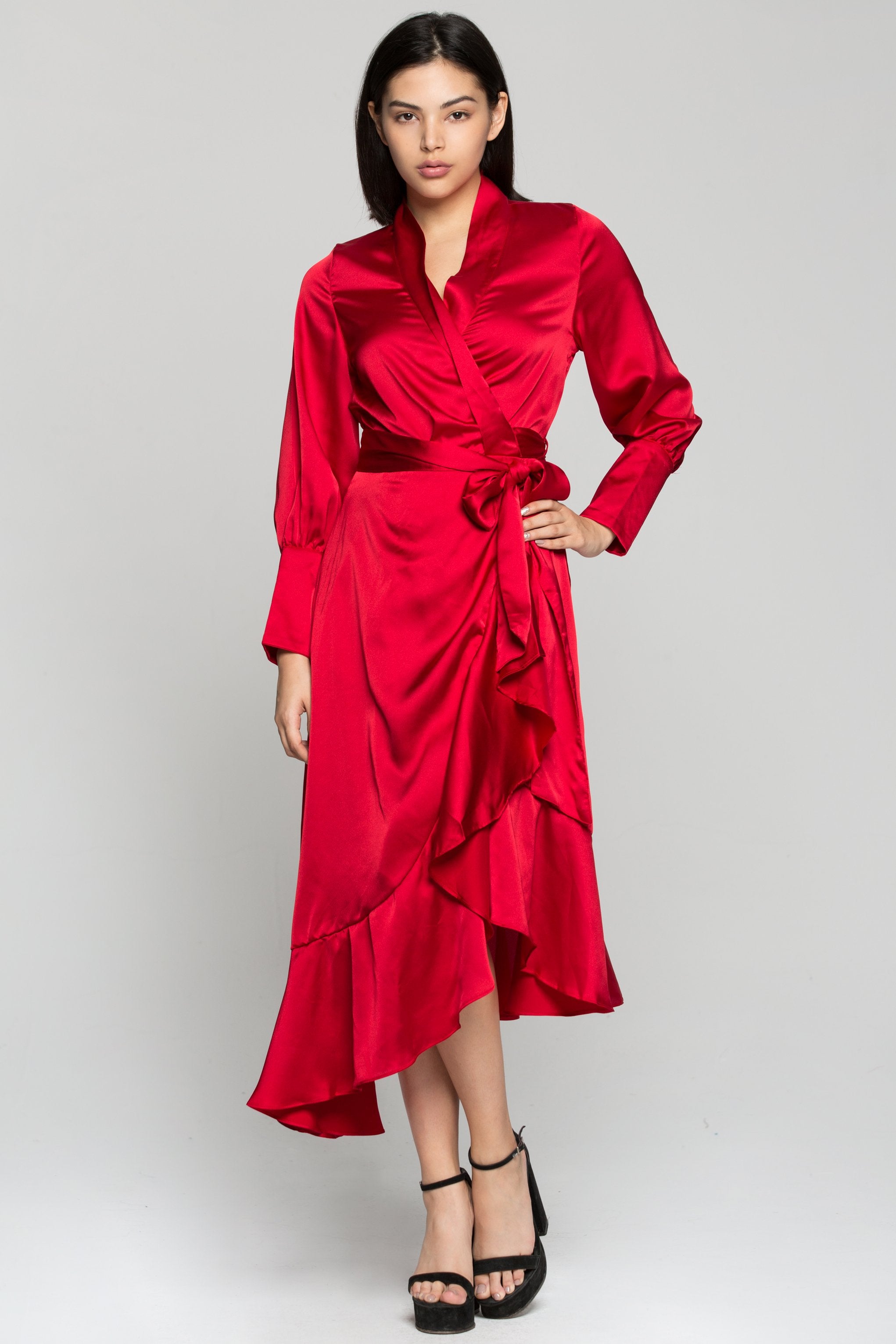 Red Silk Wrap Around Asymmetrical Ruffles Midi Dress - ownthelooks-Development