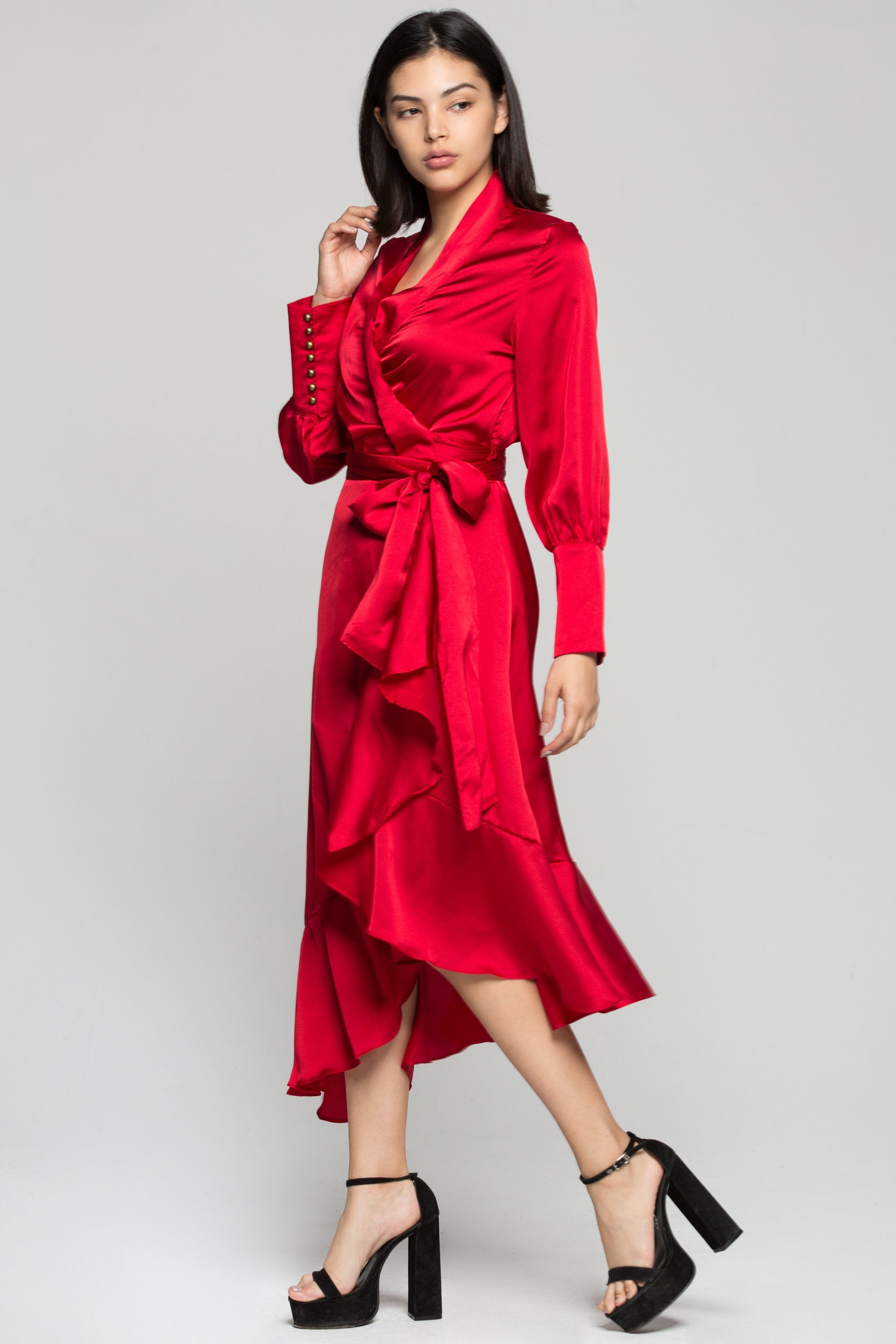 Red Silk Wrap Around Asymmetrical Ruffles Midi Dress - ownthelooks-Development